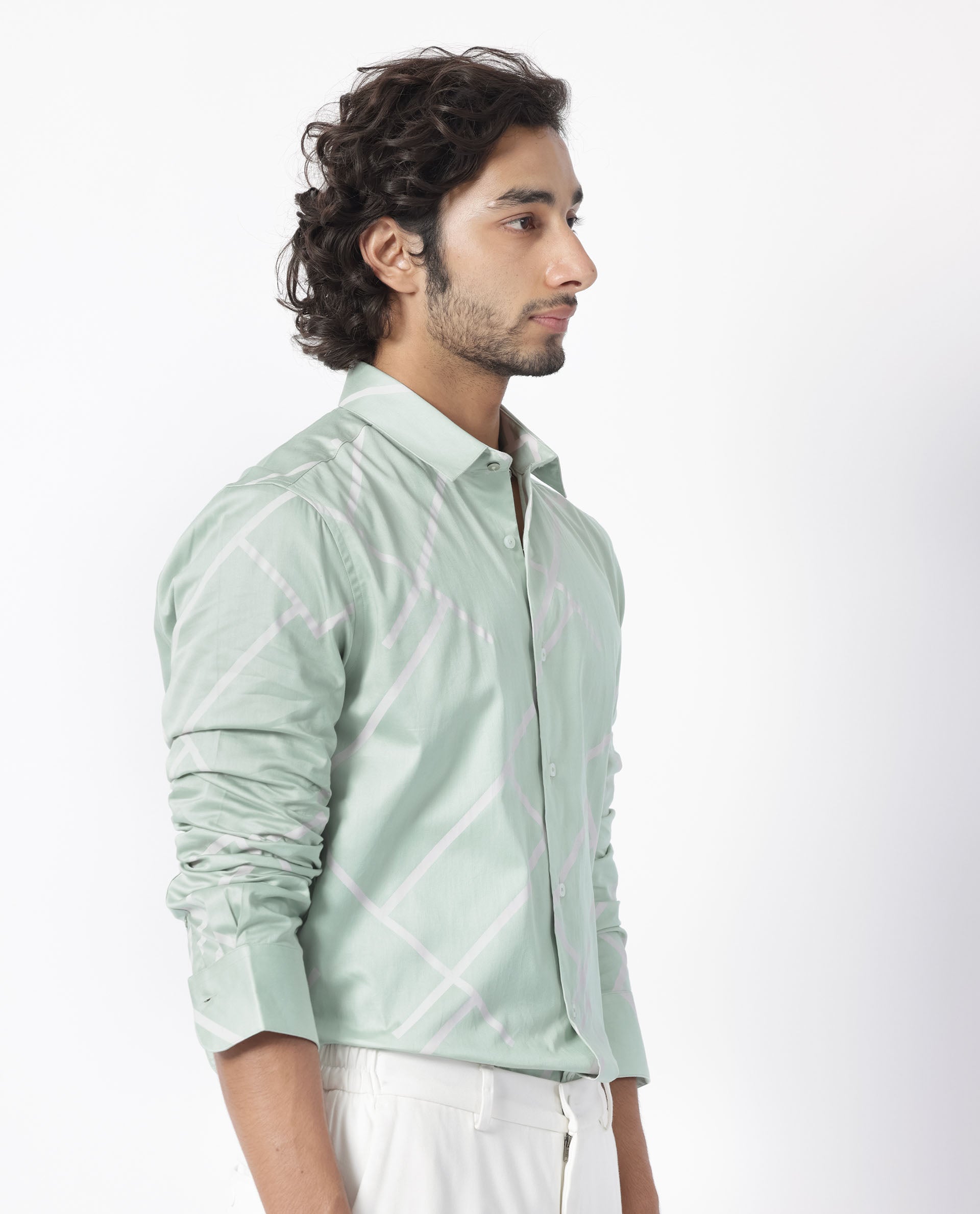 Rare Rabbit Men's Cagen Pastel Green Viscose Fabric Geometric Print Full Sleeves Shirt