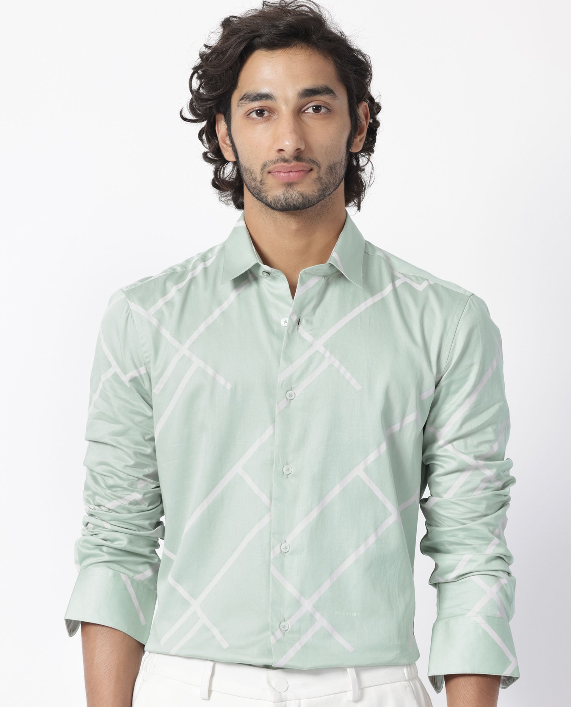 Rare Rabbit Men's Cagen Pastel Green Viscose Fabric Geometric Print Full Sleeves Shirt