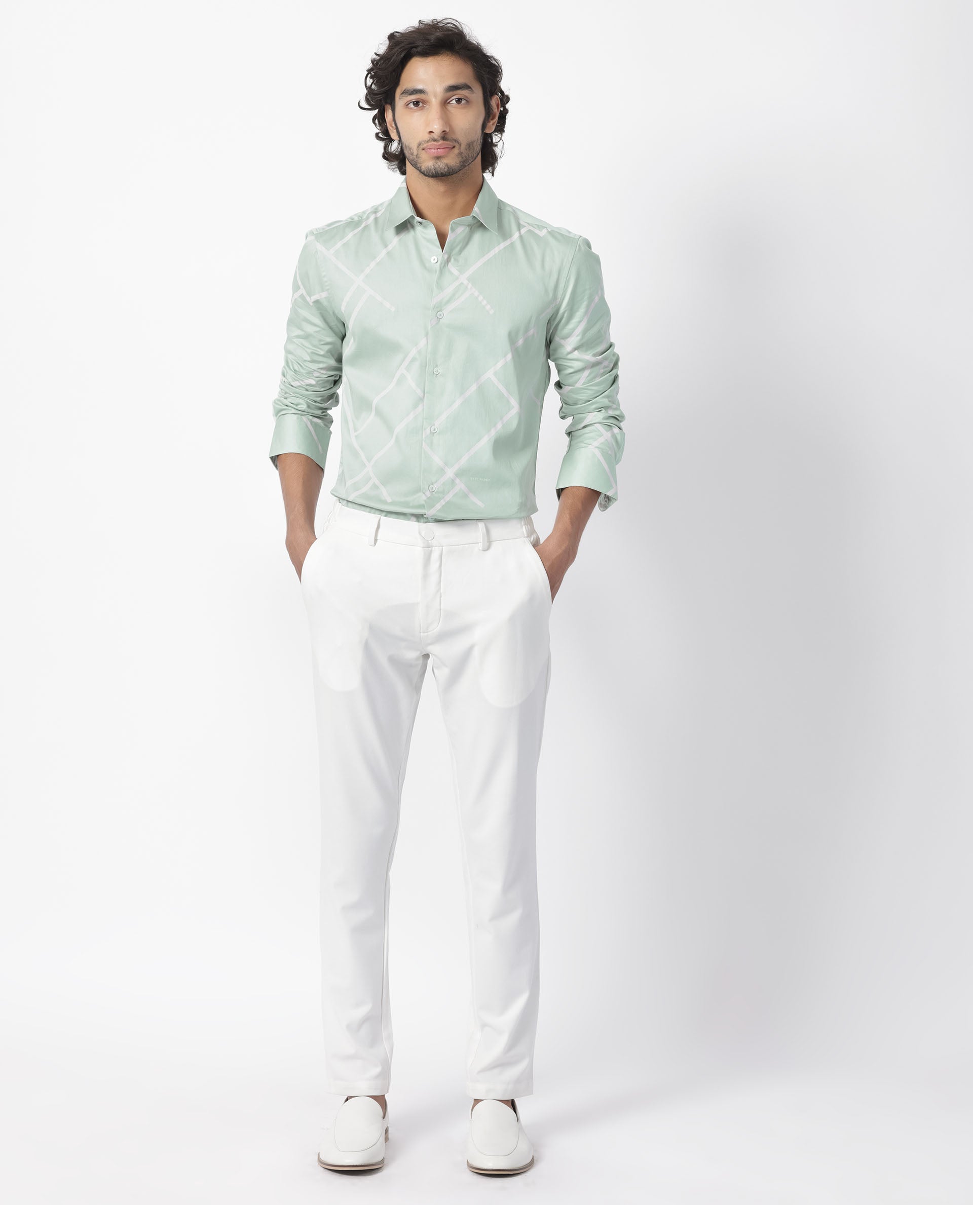Rare Rabbit Men's Cagen Pastel Green Viscose Fabric Geometric Print Full Sleeves Shirt