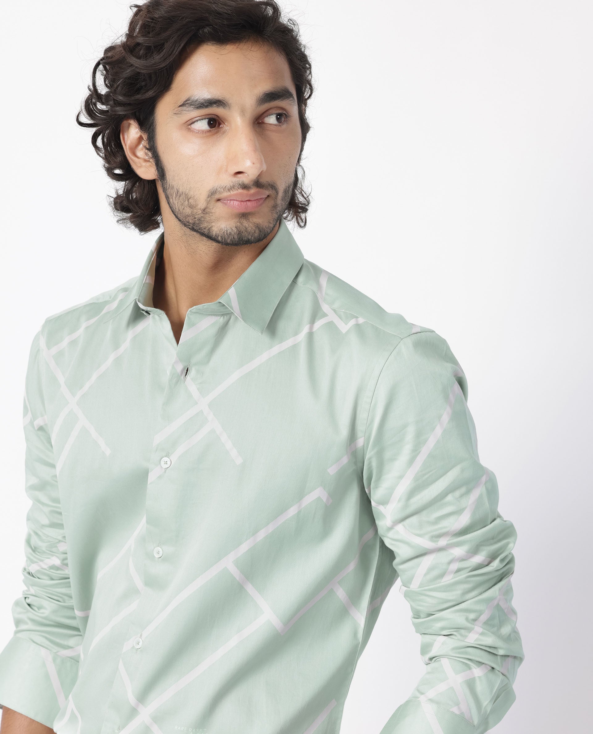 Rare Rabbit Men's Cagen Pastel Green Viscose Fabric Geometric Print Full Sleeves Shirt