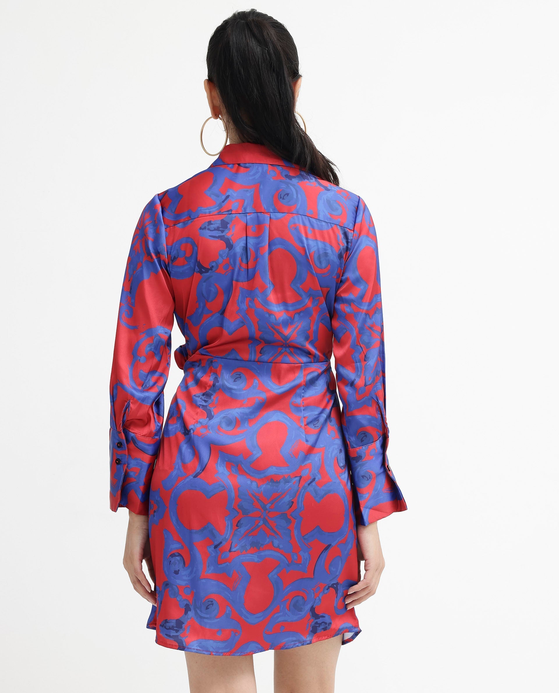 Rareism Women Cager-SC Red Cuffed Sleeve Regular Collar Loop Wrap Abstract Print Mini Dress