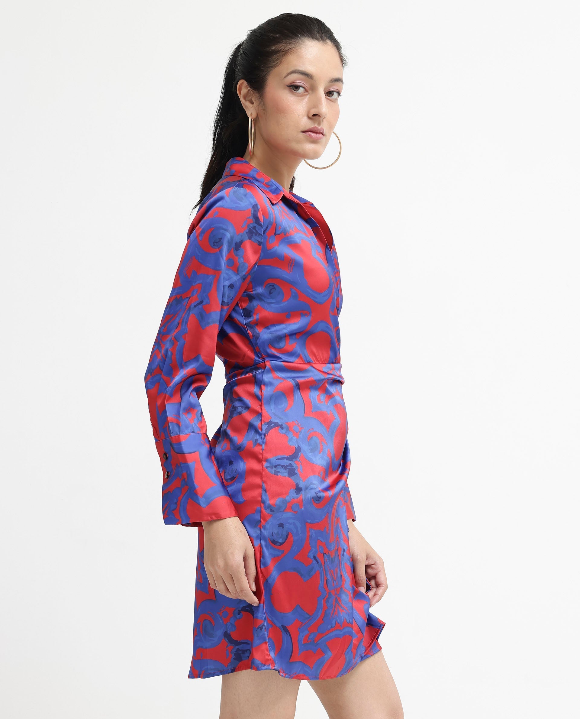 Rareism Women Cager-SC Red Cuffed Sleeve Regular Collar Loop Wrap Abstract Print Mini Dress