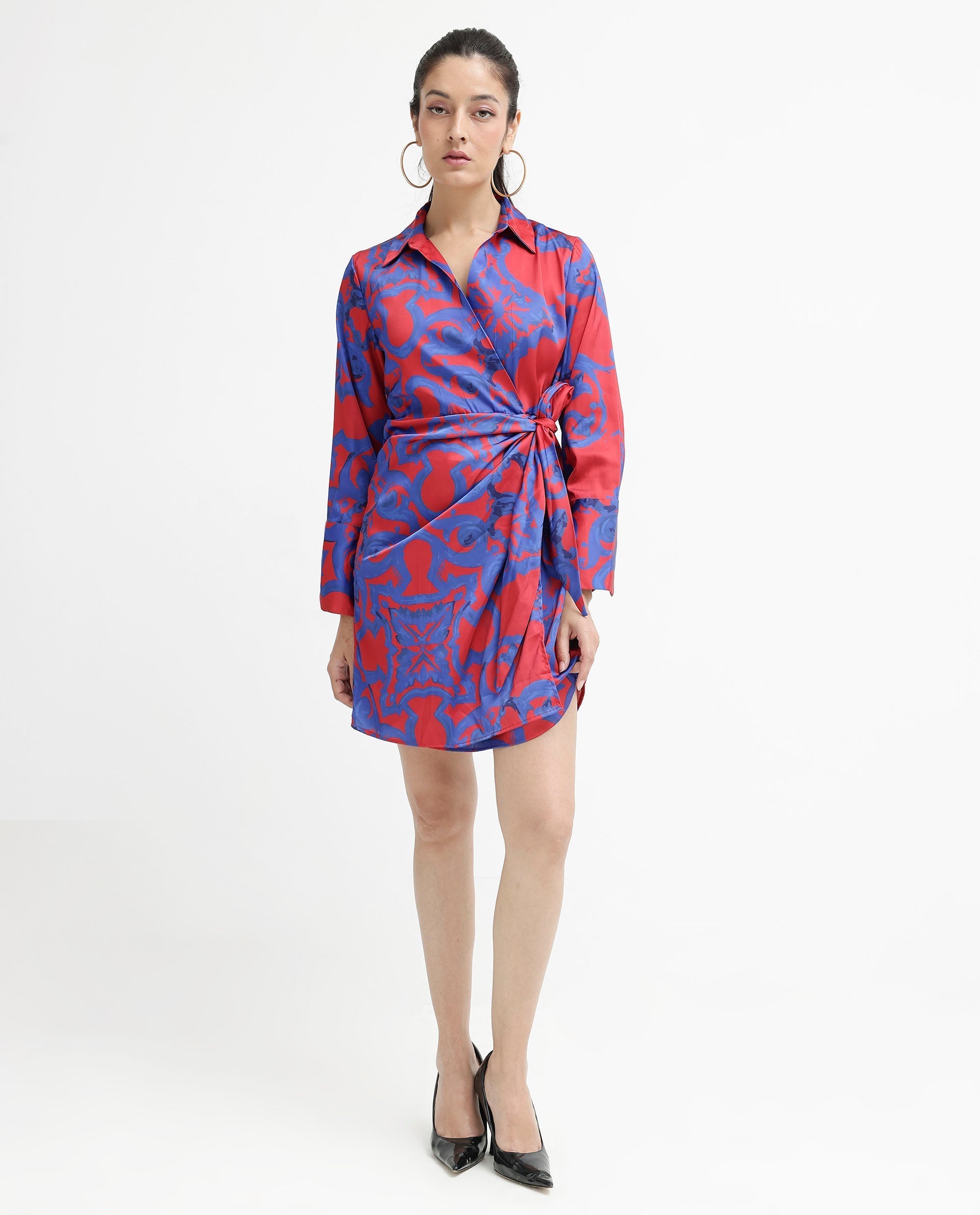 Rareism Women Cager-SC Red Cuffed Sleeve Regular Collar Loop Wrap Abstract Print Mini Dress