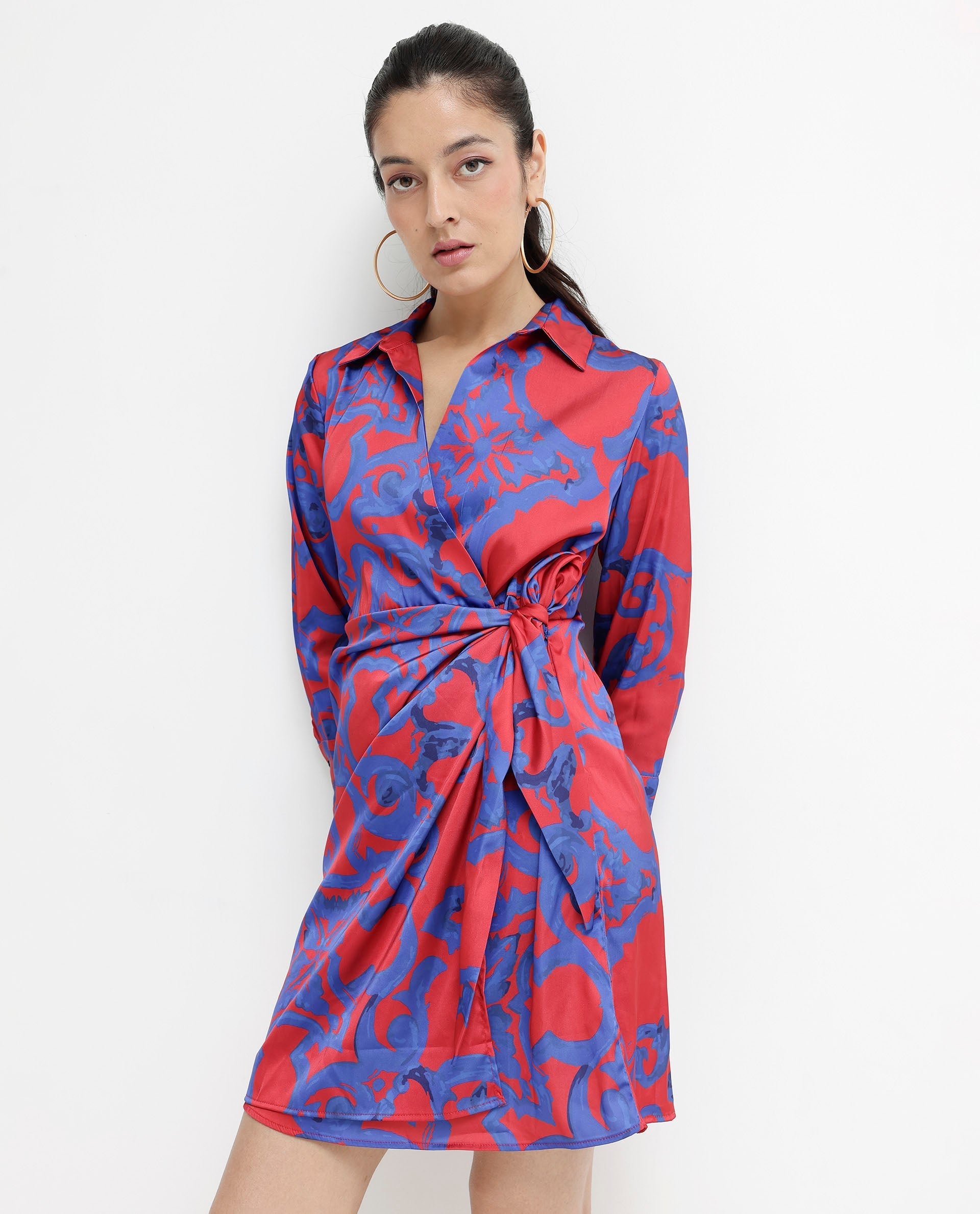 Rareism Women Cager-SC Red Cuffed Sleeve Regular Collar Loop Wrap Abstract Print Mini Dress