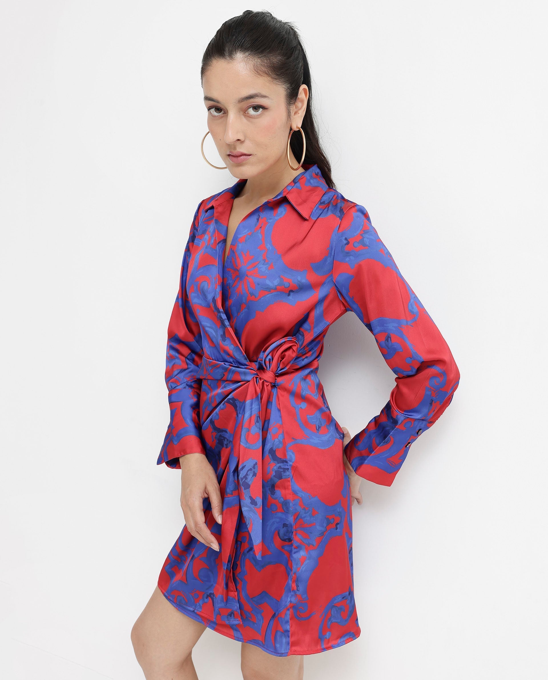 Rareism Women Cager-SC Red Cuffed Sleeve Regular Collar Loop Wrap Abstract Print Mini Dress