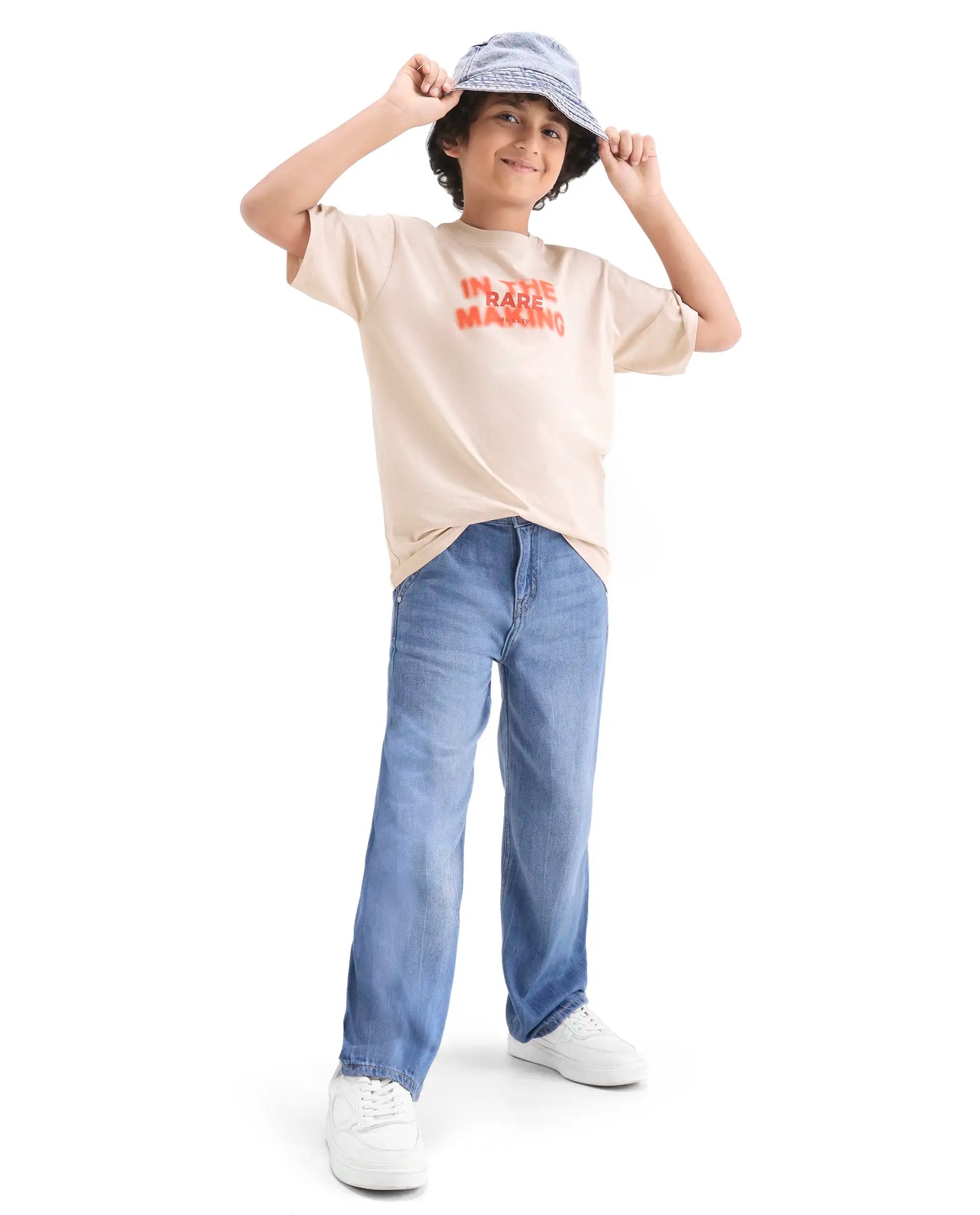 Rare Ones Kids Cago Light Beige Cotton Blend Pull-On Closure Hd Print Regular Fit T-Shirt