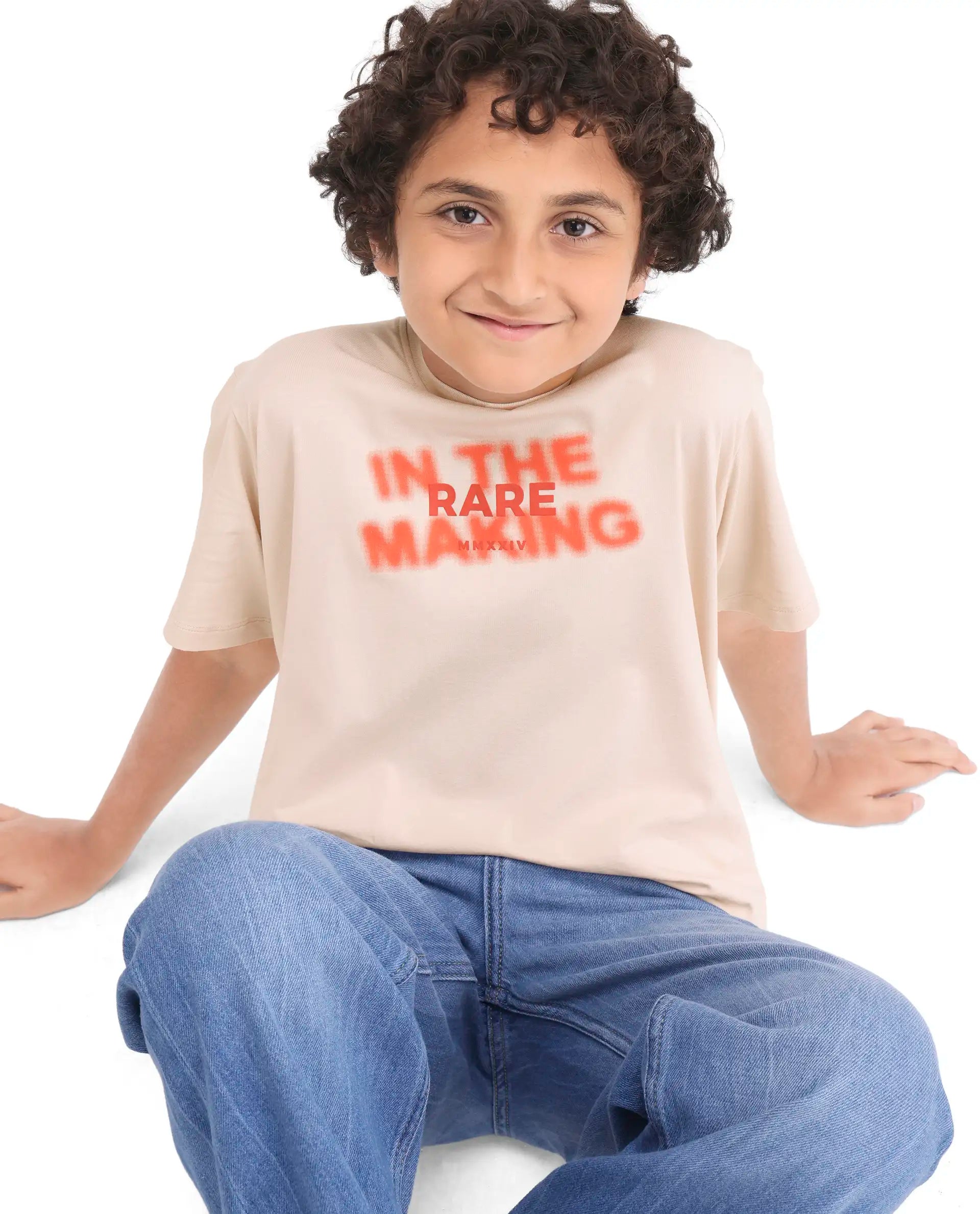 Rare Ones Kids Cago Light Beige Cotton Blend Pull-On Closure Hd Print Regular Fit T-Shirt