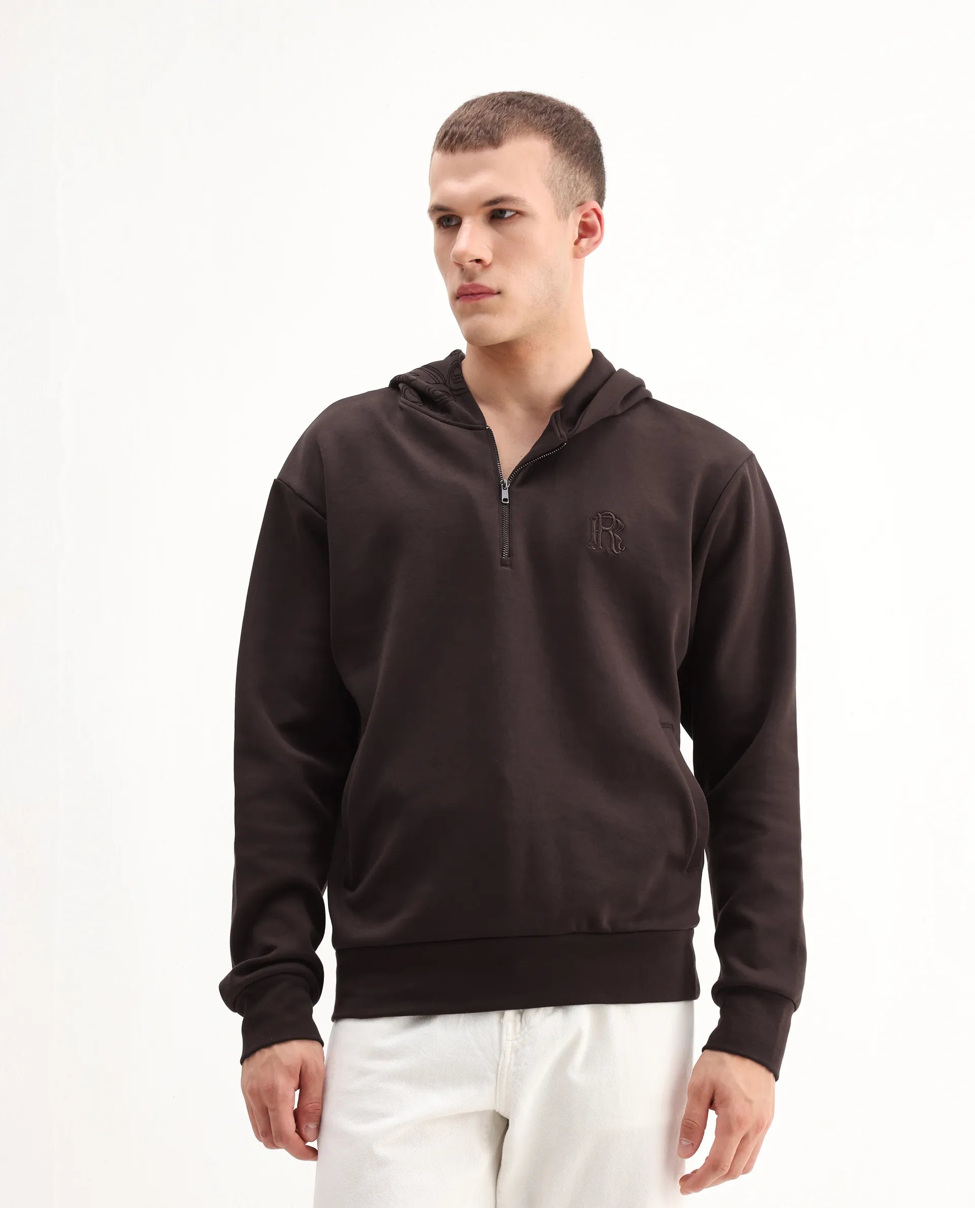 Rare Rabbit Men's Caig Dark Brown Cotton Blend Printed Regular Fit Full Sleeve Hooded Sweatshirt