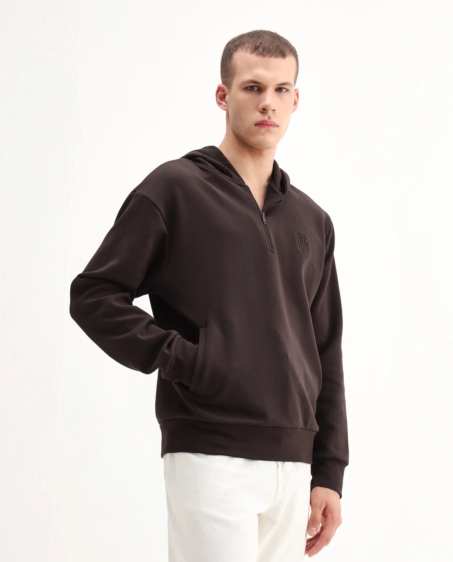 Rare Rabbit Men's Caig Dark Brown Cotton Blend Printed Regular Fit Full Sleeve Hooded Sweatshirt