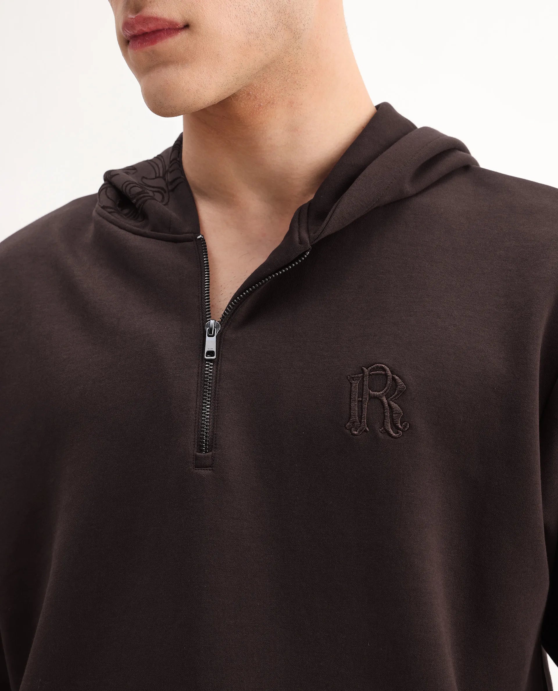 Rare Rabbit Men's Caig Dark Brown Cotton Blend Printed Regular Fit Full Sleeve Hooded Sweatshirt