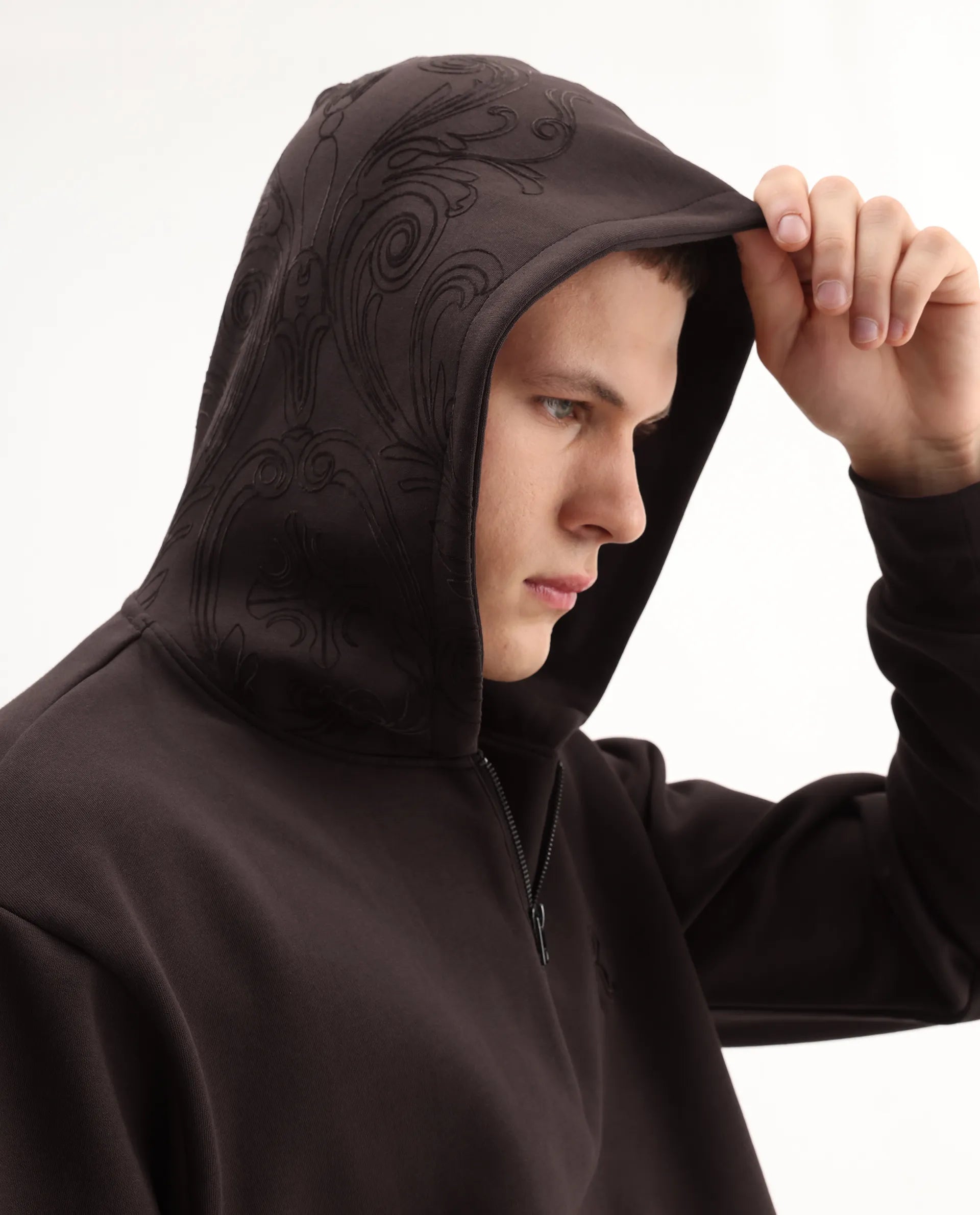 Rare Rabbit Men's Caig Dark Brown Cotton Blend Printed Regular Fit Full Sleeve Hooded Sweatshirt