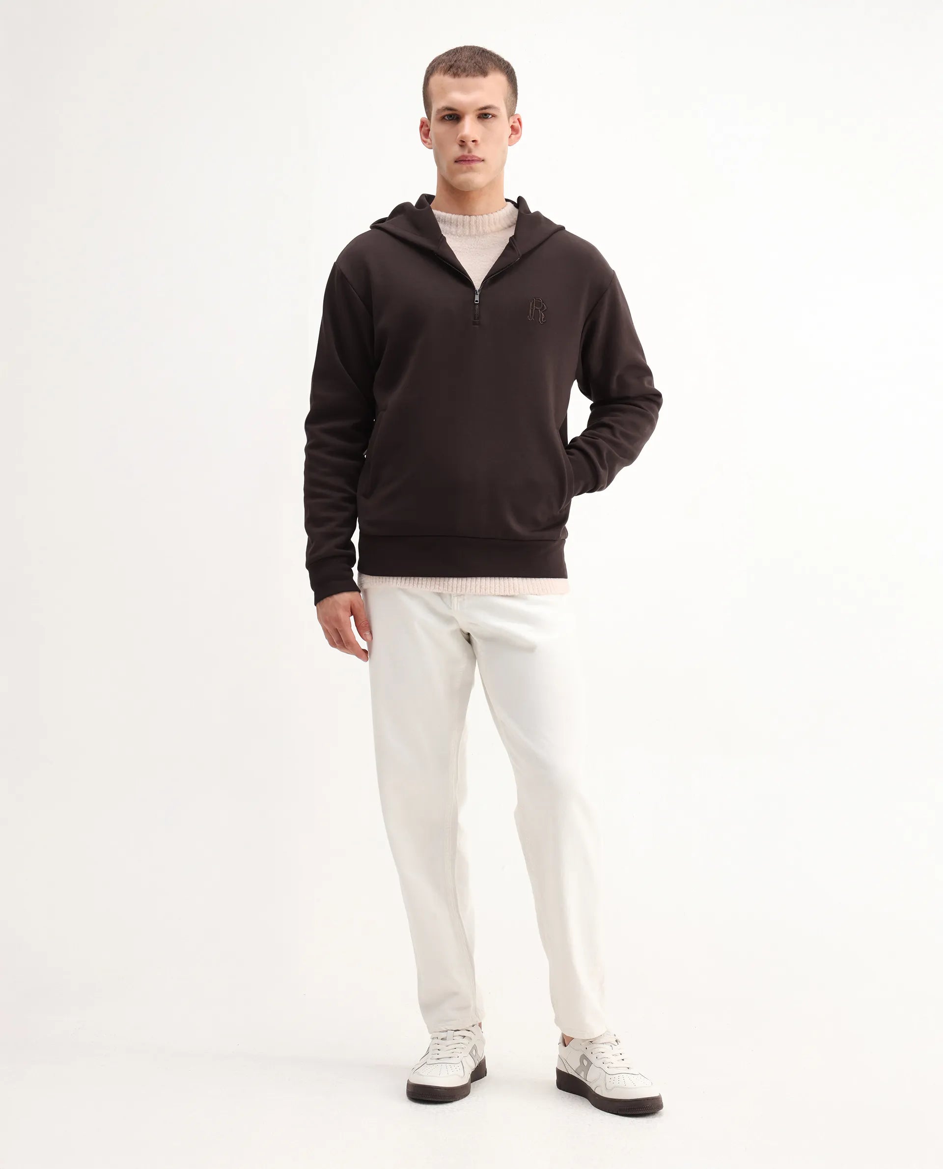 Rare Rabbit Men's Caig Dark Brown Cotton Blend Printed Regular Fit Full Sleeve Hooded Sweatshirt