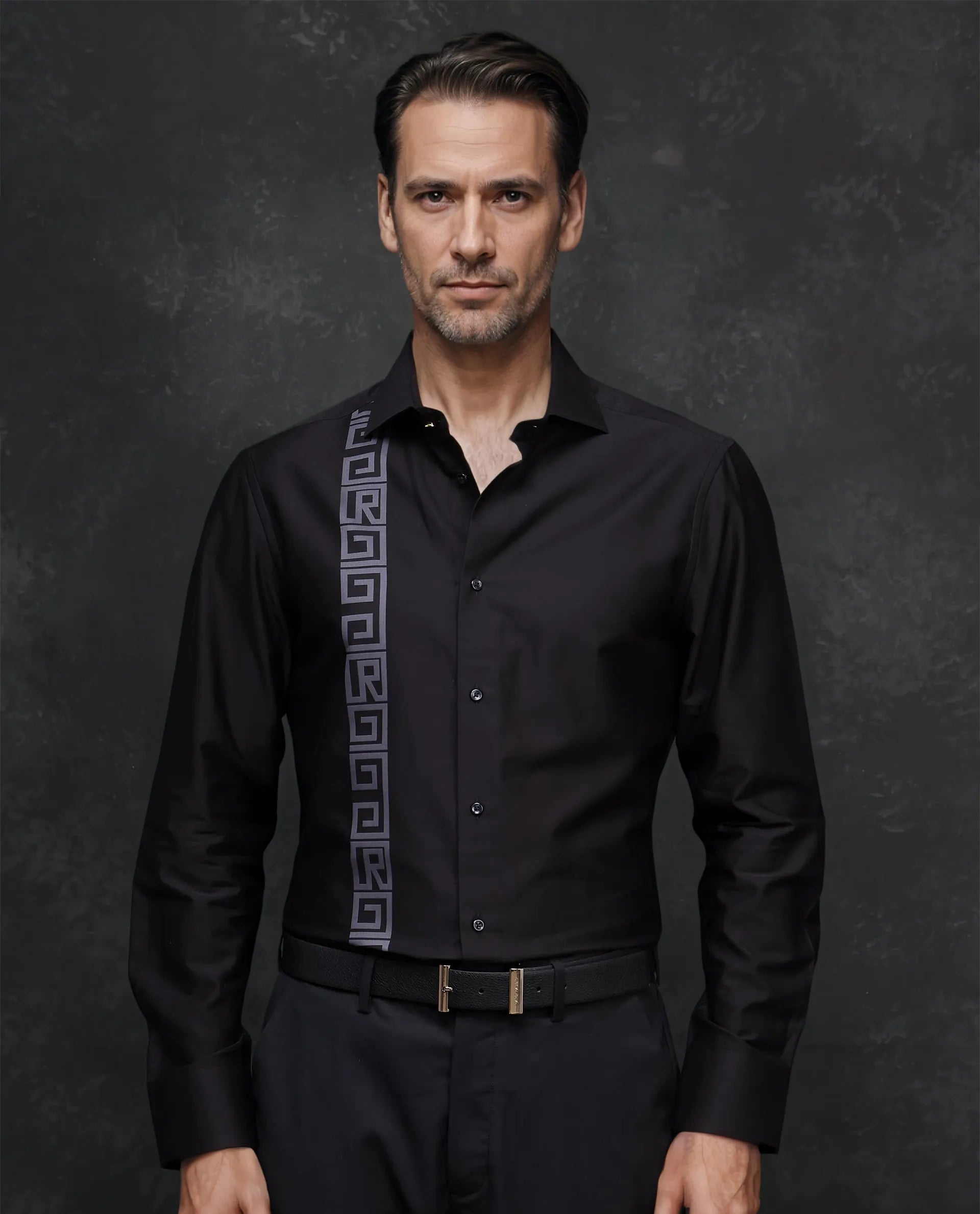 Rare Rabbit Men Caino Black Pure Cotton Full Sleeve Regular Fit Monogram Placement Print Shirt