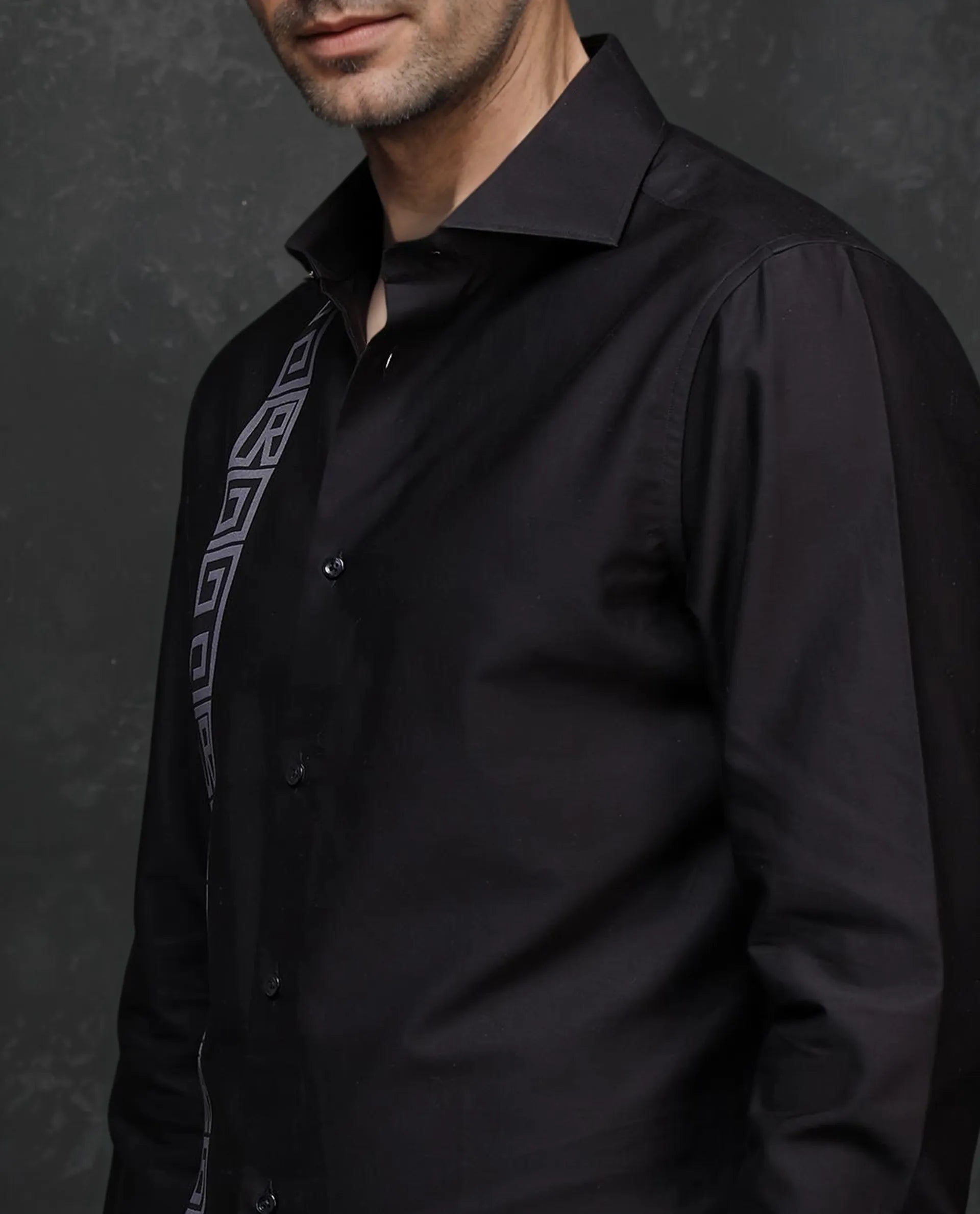 Rare Rabbit Men Caino Black Pure Cotton Full Sleeve Regular Fit Monogram Placement Print Shirt