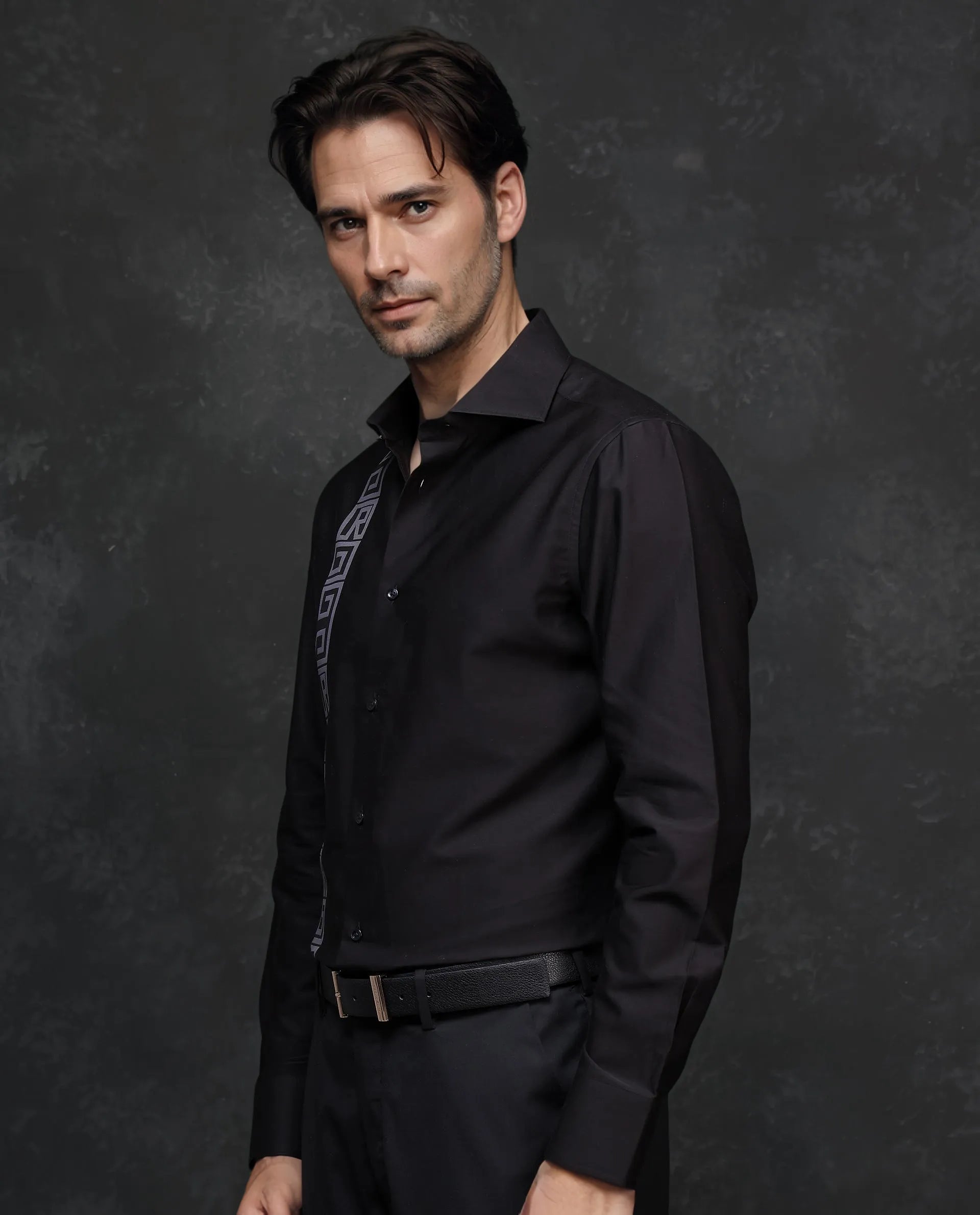 Rare Rabbit Men Caino Black Pure Cotton Full Sleeve Regular Fit Monogram Placement Print Shirt