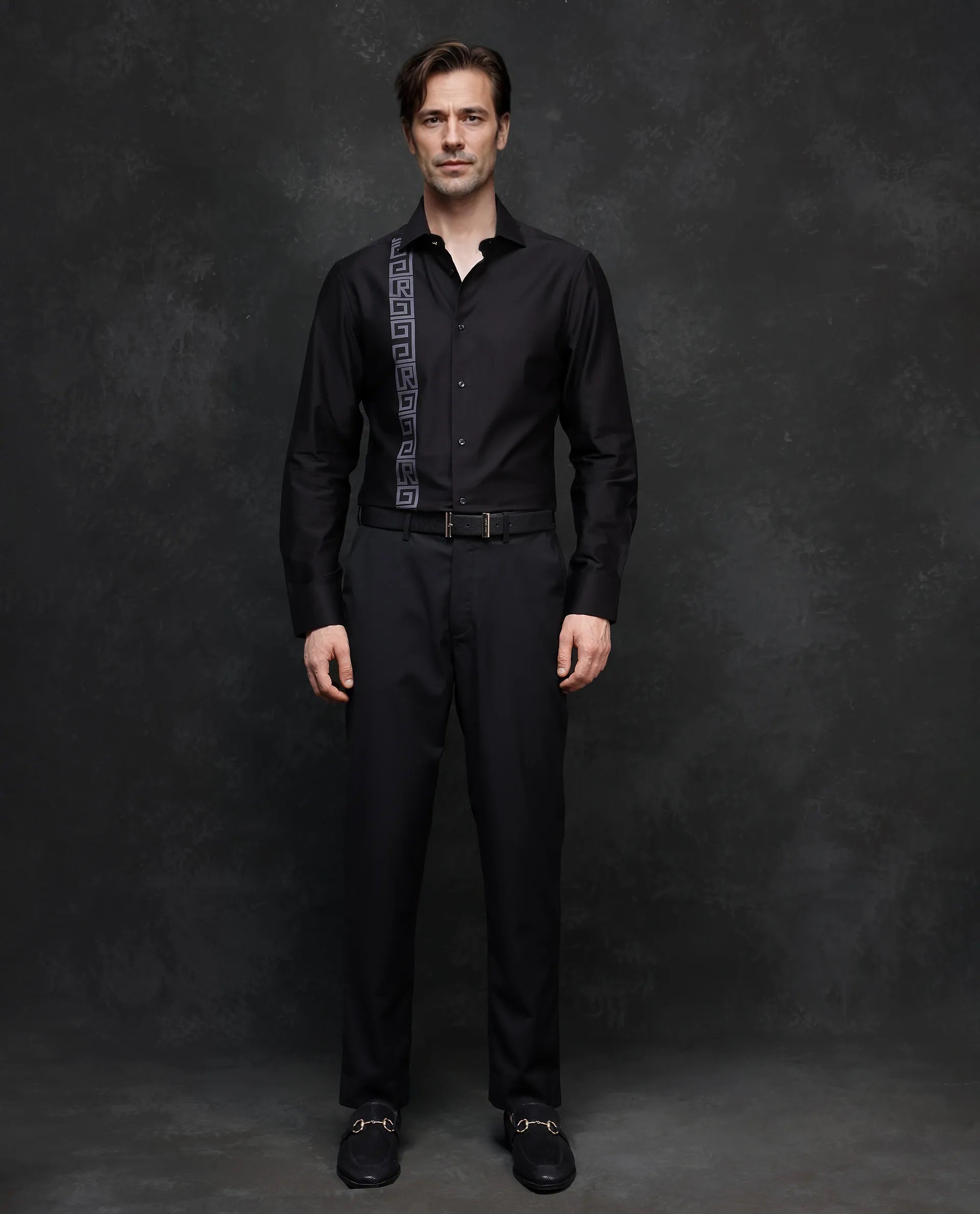 Rare Rabbit Men Caino Black Pure Cotton Full Sleeve Regular Fit Monogram Placement Print Shirt