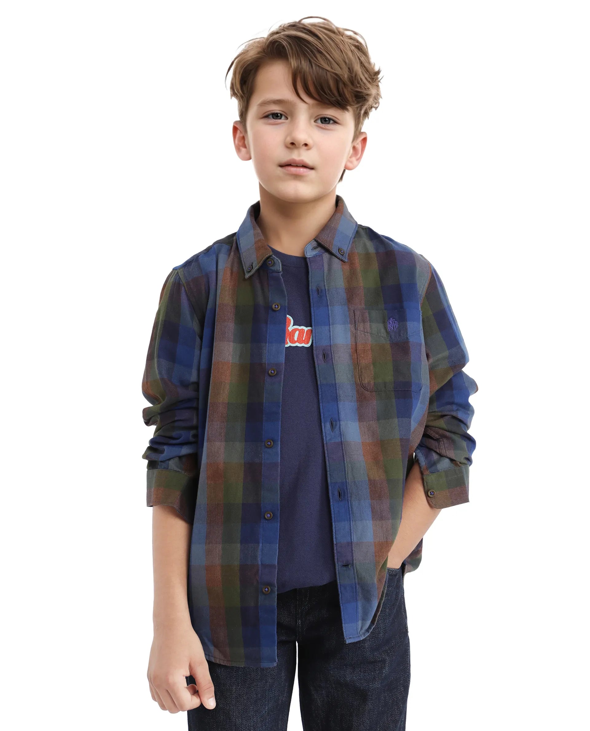 Rare Ones Kids Cal Blue Cotton Poly Full Sleeve Button Down Checked  Shirt
