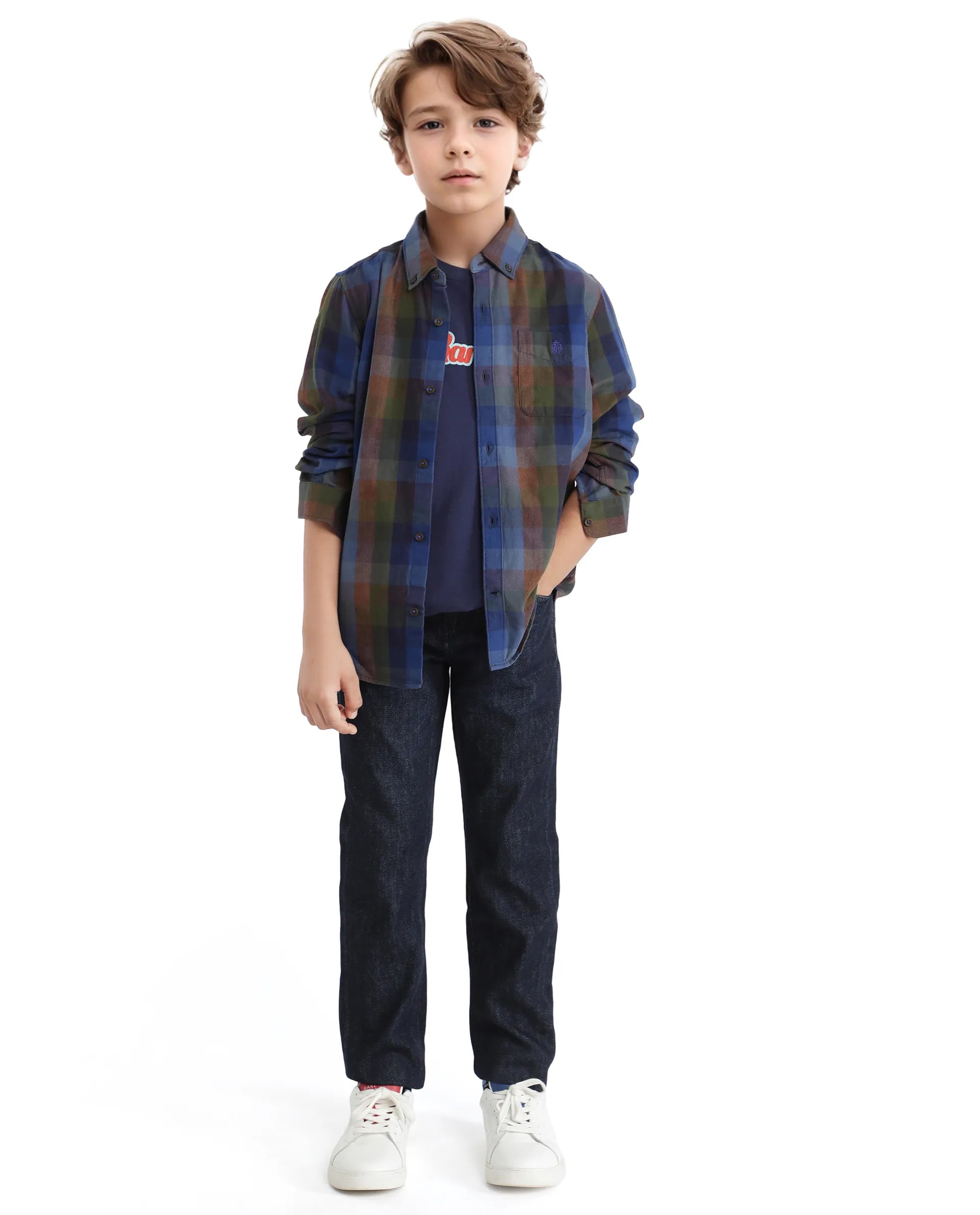 Rare Ones Kids Cal Blue Cotton Poly Full Sleeve Button Down Checked  Shirt