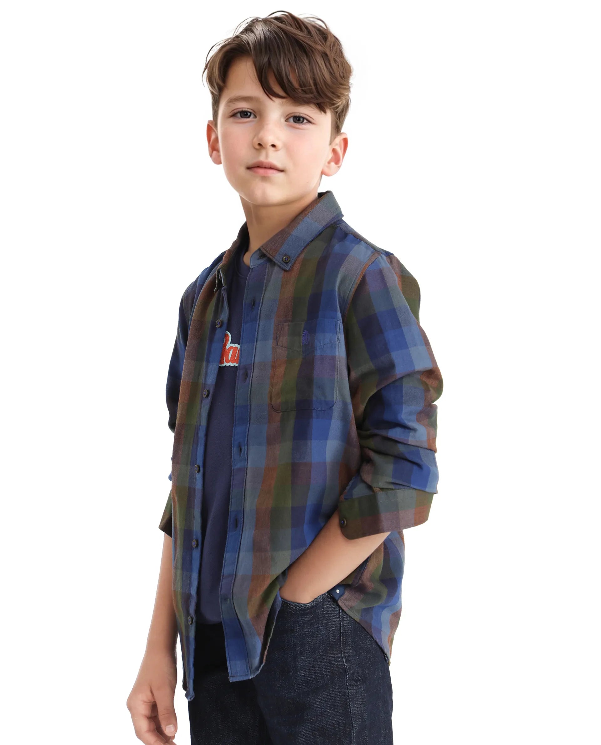Rare Ones Kids Cal Blue Cotton Poly Full Sleeve Button Down Checked  Shirt