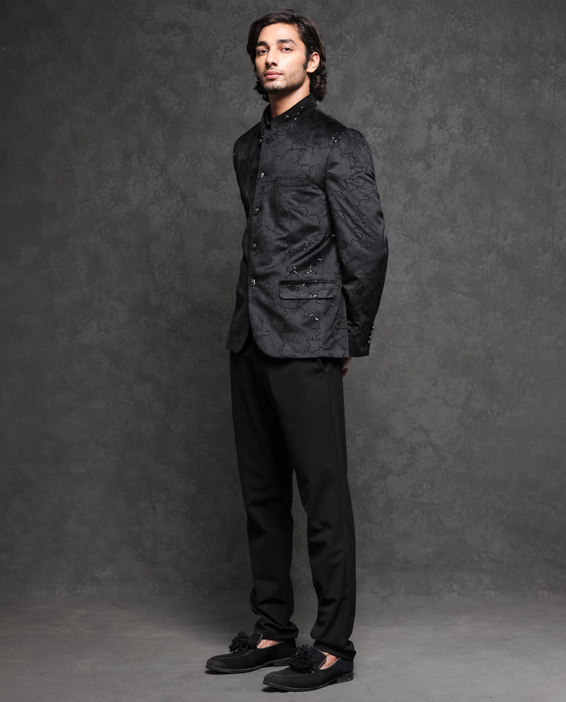 Rare Rabbit Men's Caldy Black Polyester Fabric Mandarin Collar Tailored Fit Sequin Embellished Velvet Bandhgala
