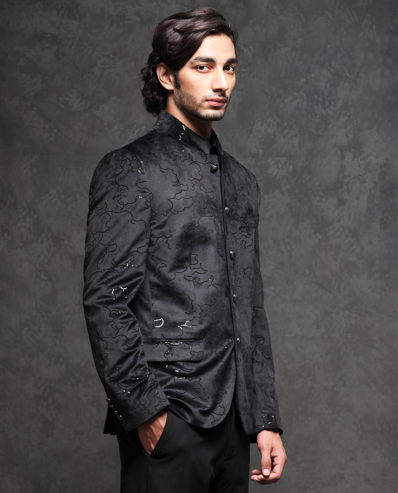 Rare Rabbit Men's Caldy Black Polyester Fabric Mandarin Collar Tailored Fit Sequin Embellished Velvet Bandhgala