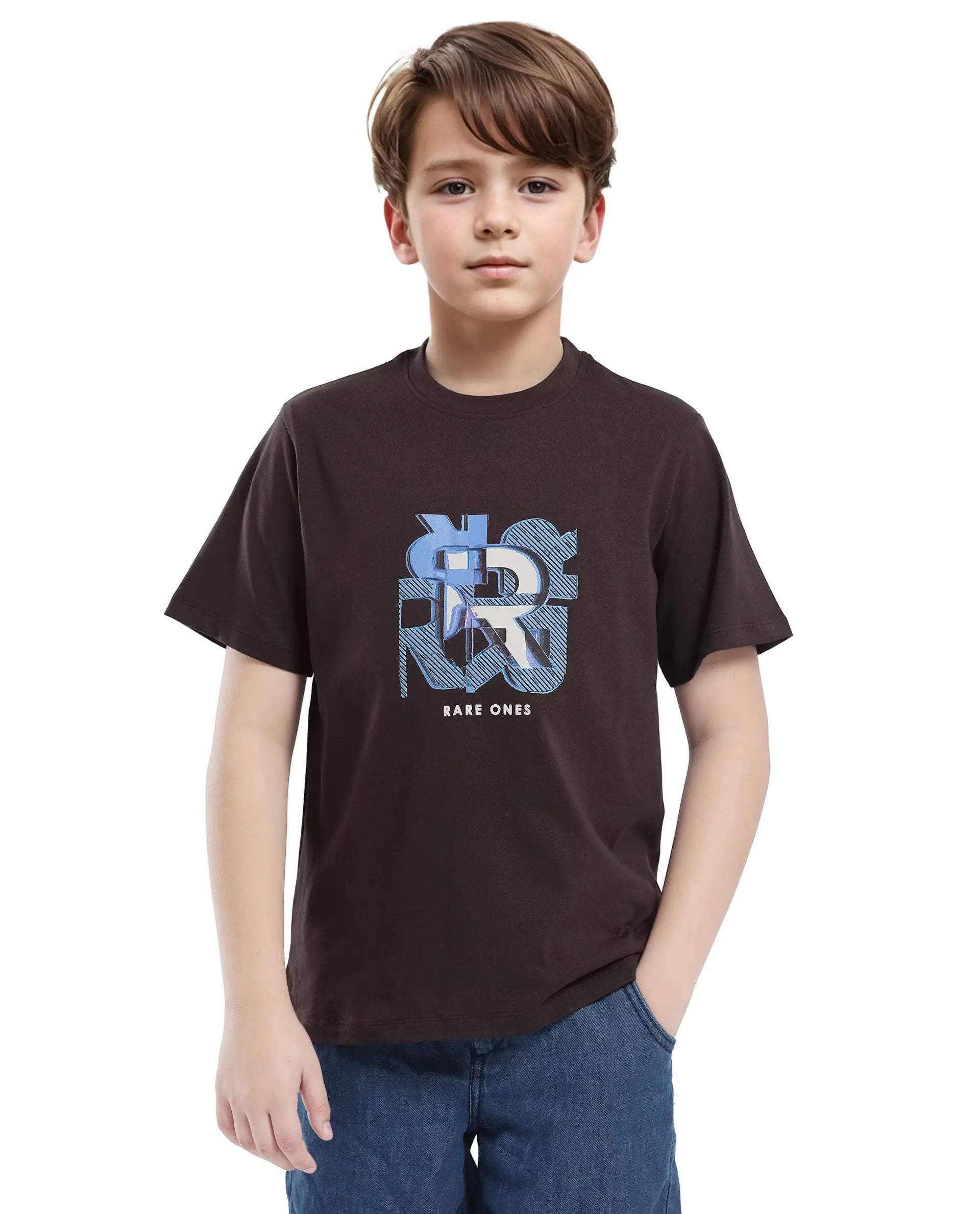 Rare Ones Kids Caleb-K Dark Brown Cotton Blend Half Sleeve Slip-On Printed Regular Fit T-Shirt