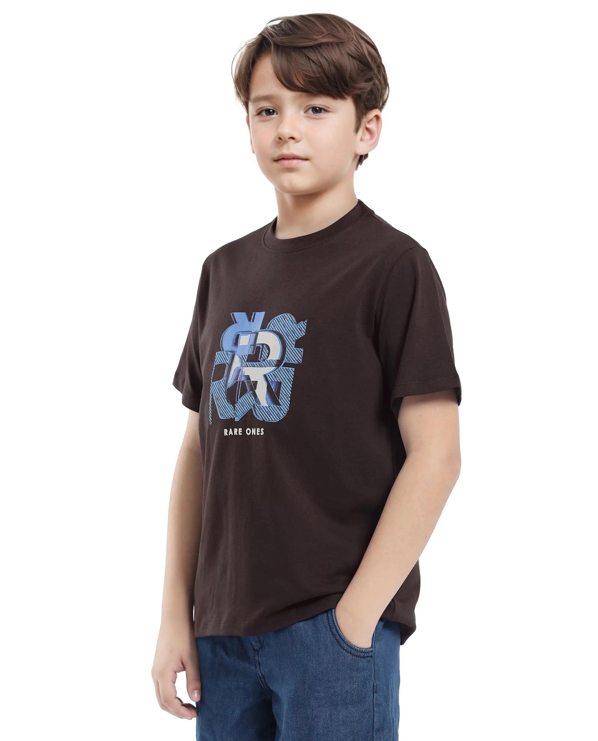 Rare Ones Kids Caleb-K Dark Brown Cotton Blend Half Sleeve Slip-On Printed Regular Fit T-Shirt