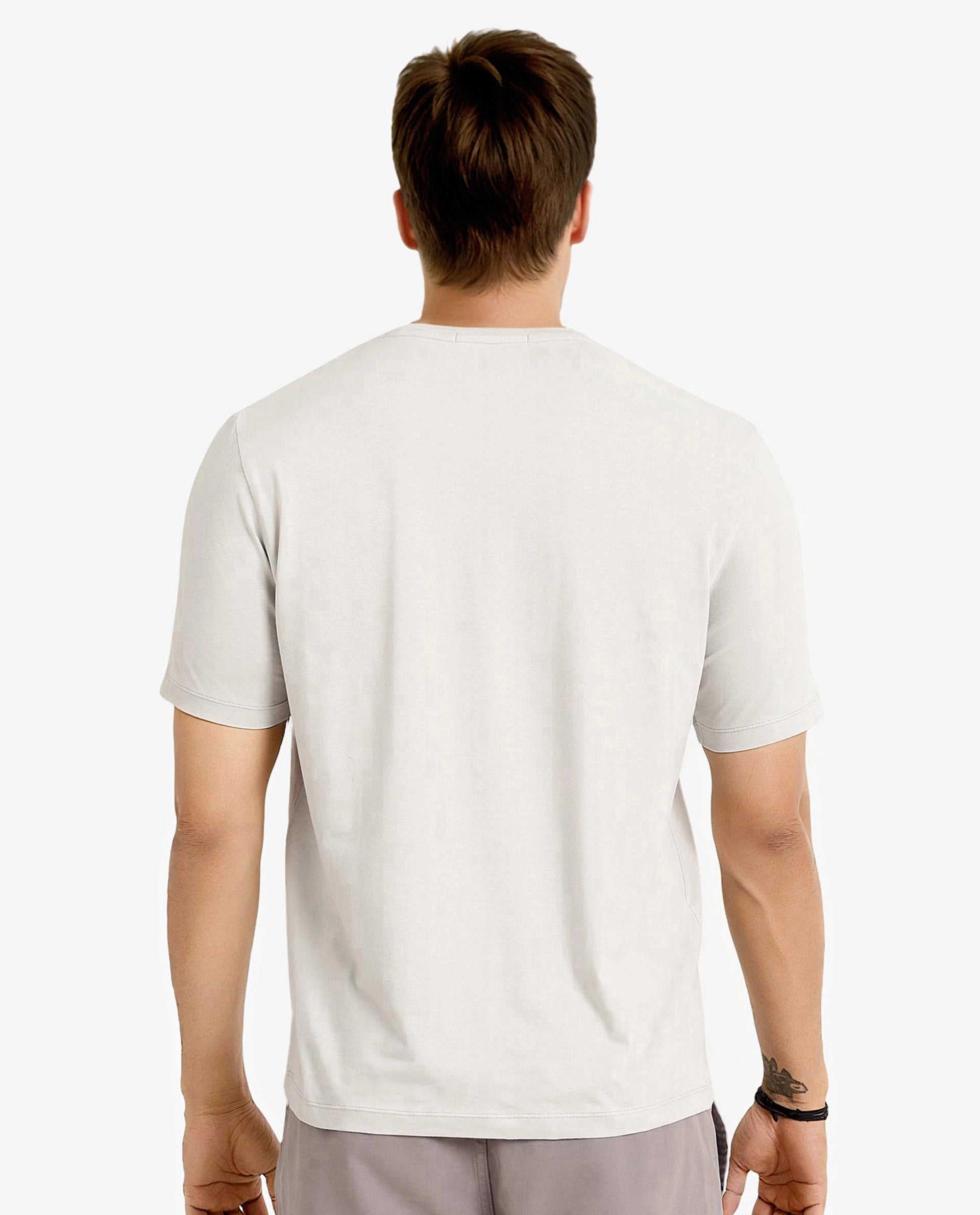 Rare Rabbit Men Caleb Light Grey Cotton Lycra Fabric Short Sleeve Crew Neck Regular Fit Graphic Print T-Shirt