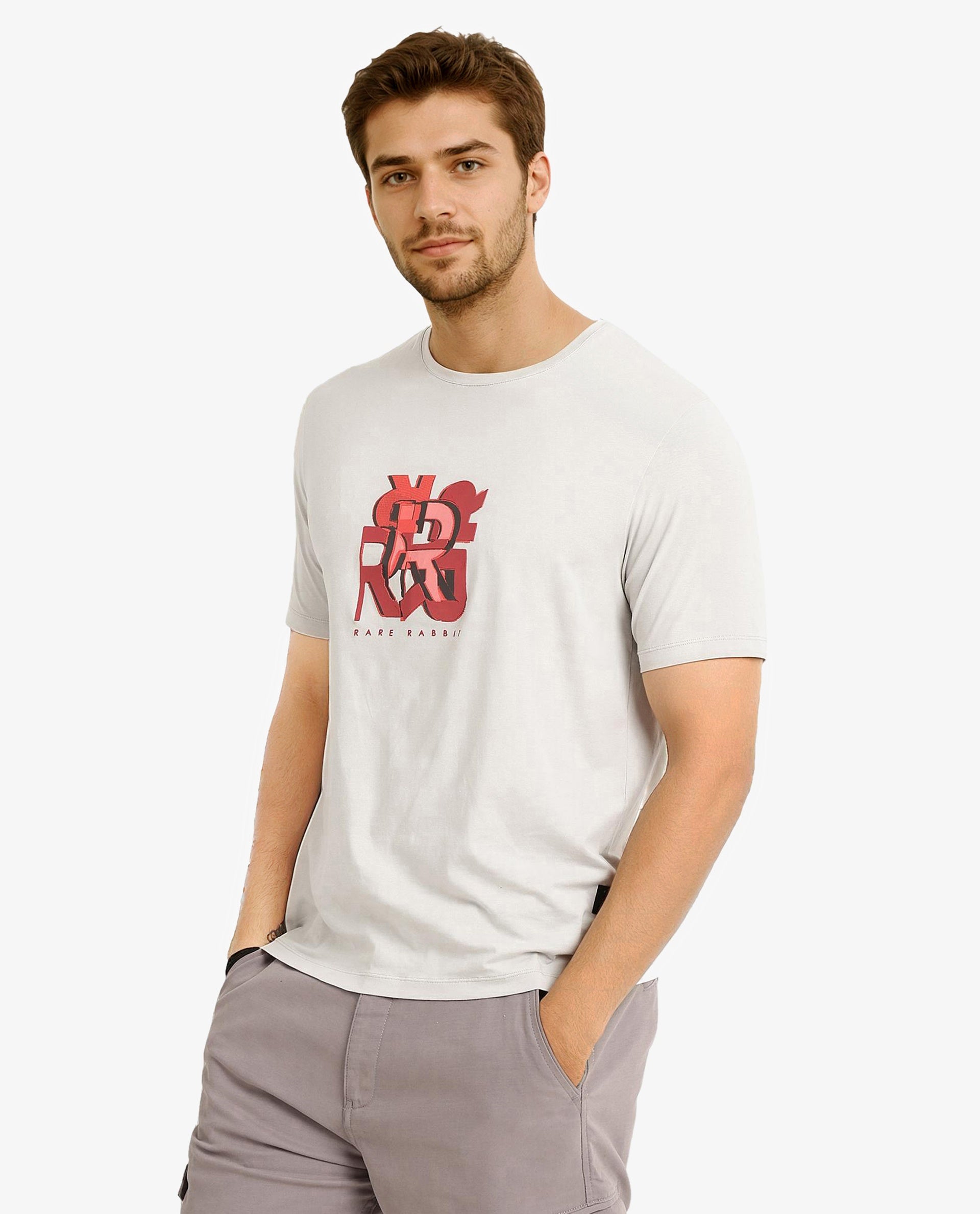 Rare Rabbit Men Caleb Light Grey Cotton Lycra Fabric Short Sleeve Crew Neck Regular Fit Graphic Print T-Shirt