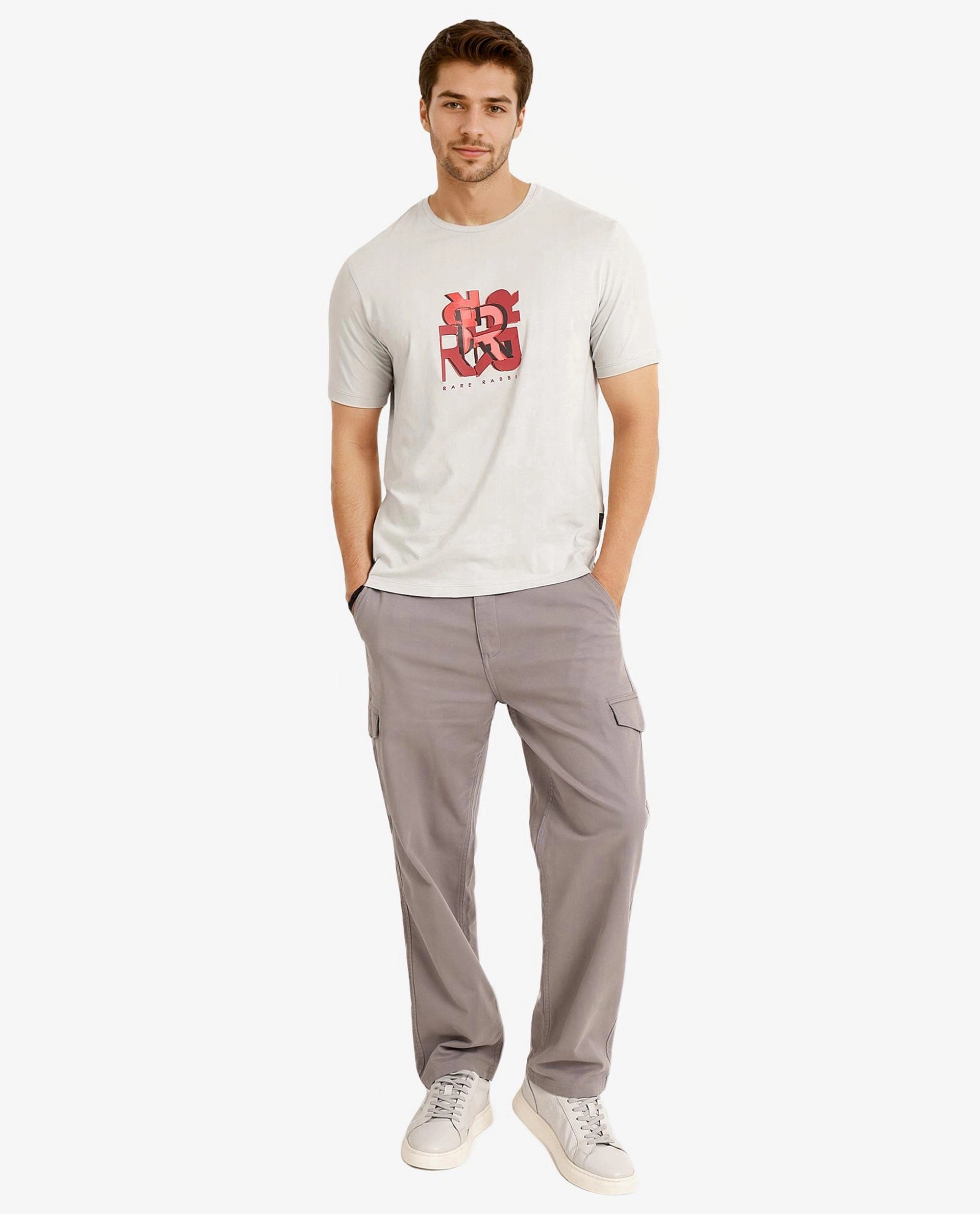 Rare Rabbit Men Caleb Light Grey Cotton Lycra Fabric Short Sleeve Crew Neck Regular Fit Graphic Print T-Shirt