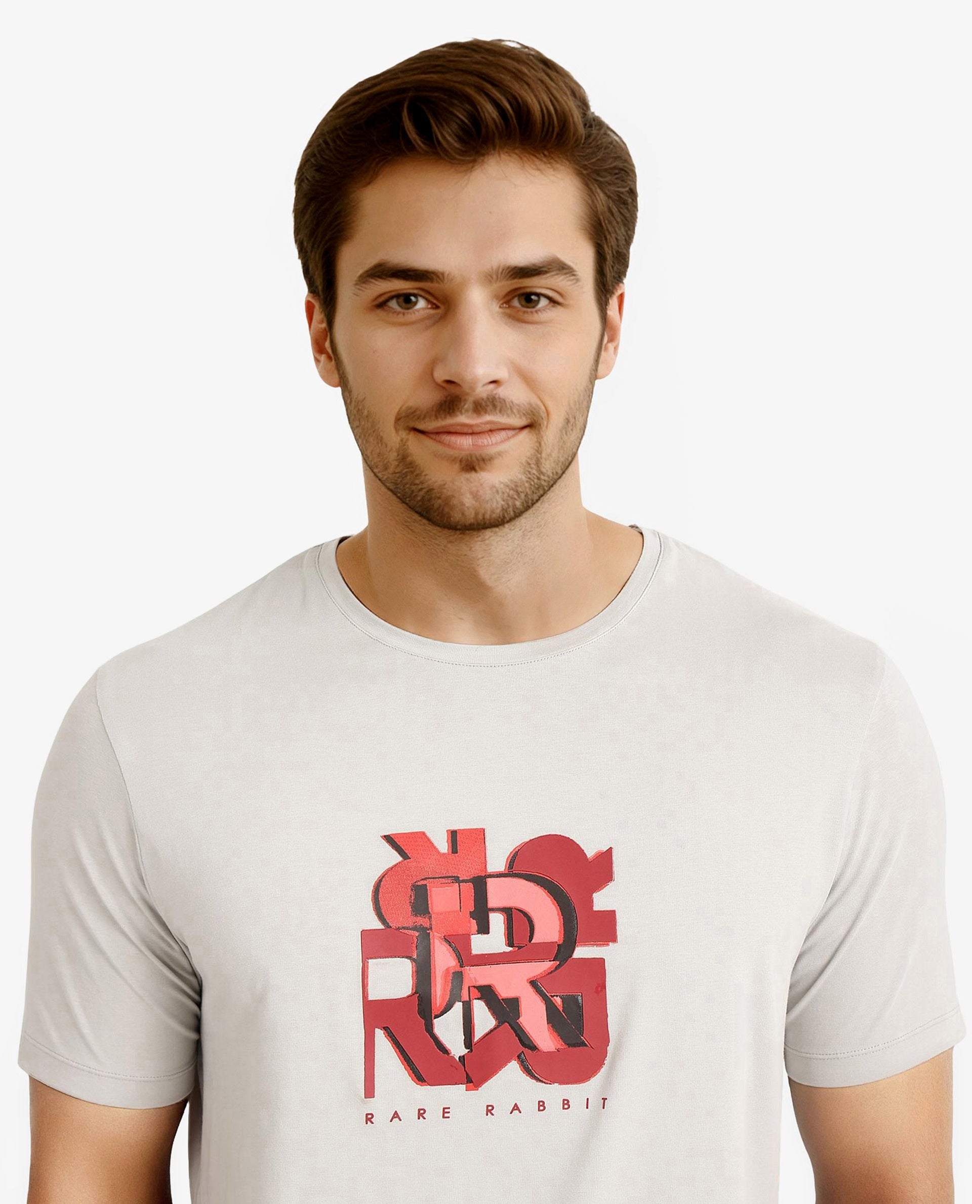 Rare Rabbit Men Caleb Light Grey Cotton Lycra Fabric Short Sleeve Crew Neck Regular Fit Graphic Print T-Shirt