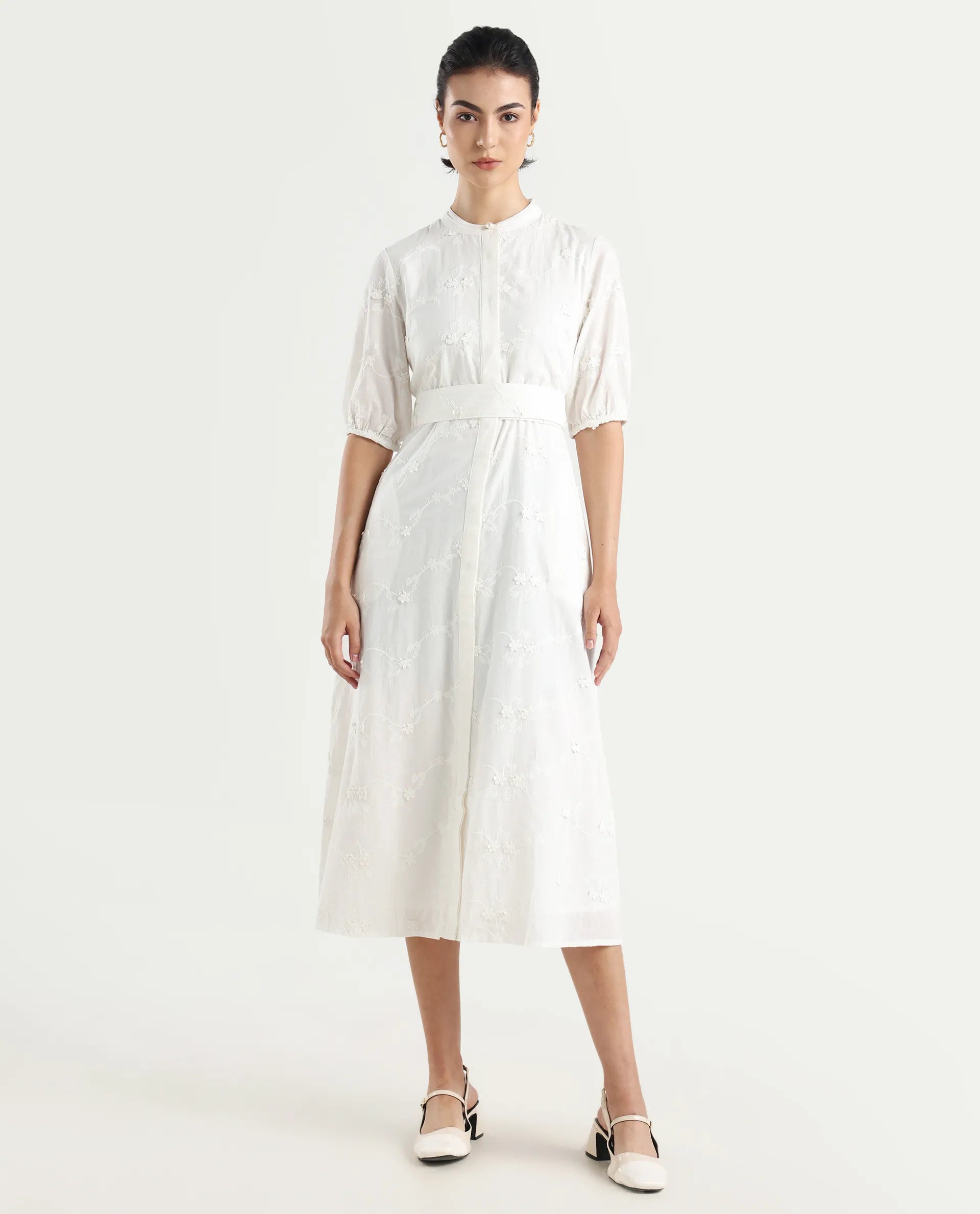 Rareism Women's Caledon White Round Neck Embroidered Puff Sleeves Midi A-Line Dress