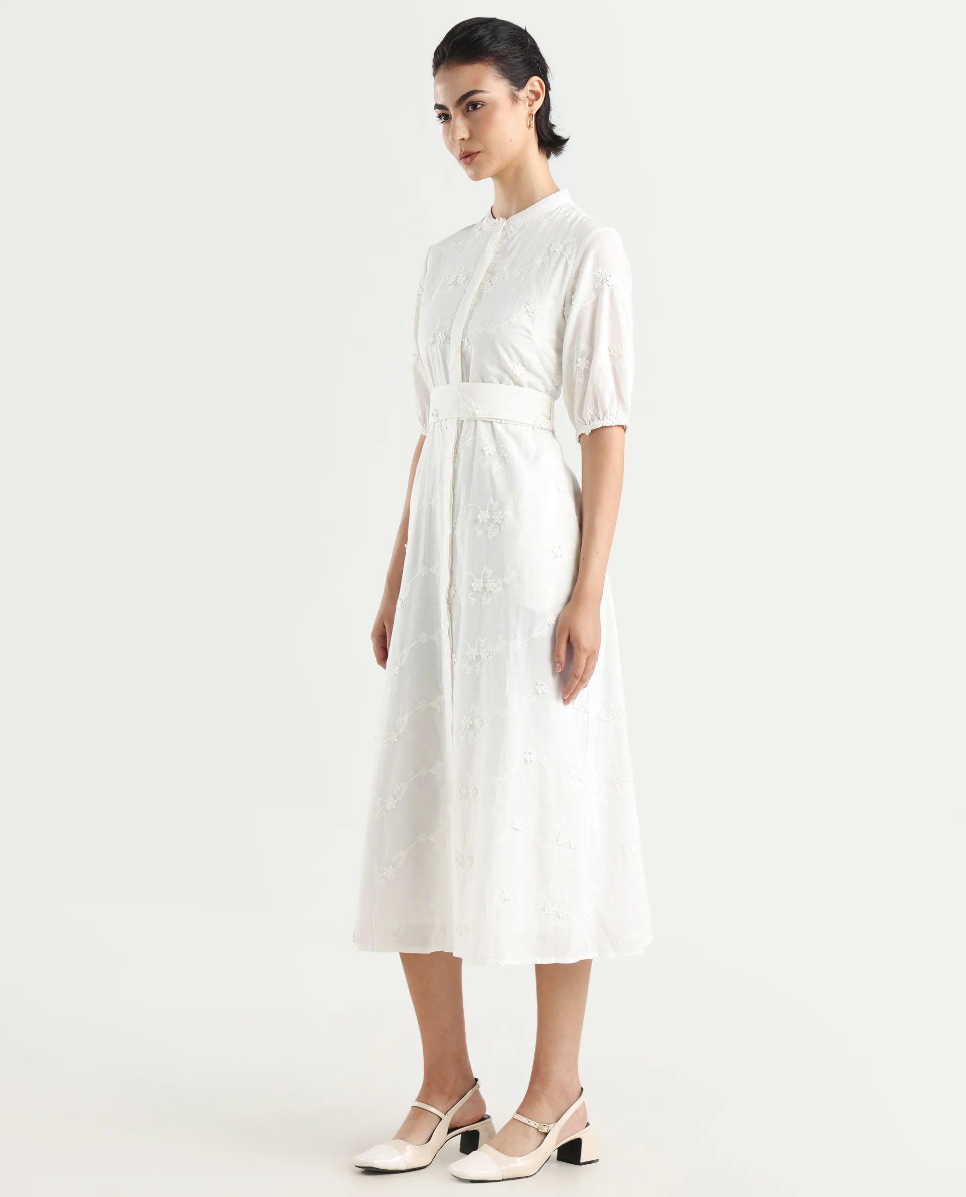 Rareism Women's Caledon White Round Neck Embroidered Puff Sleeves Midi A-Line Dress