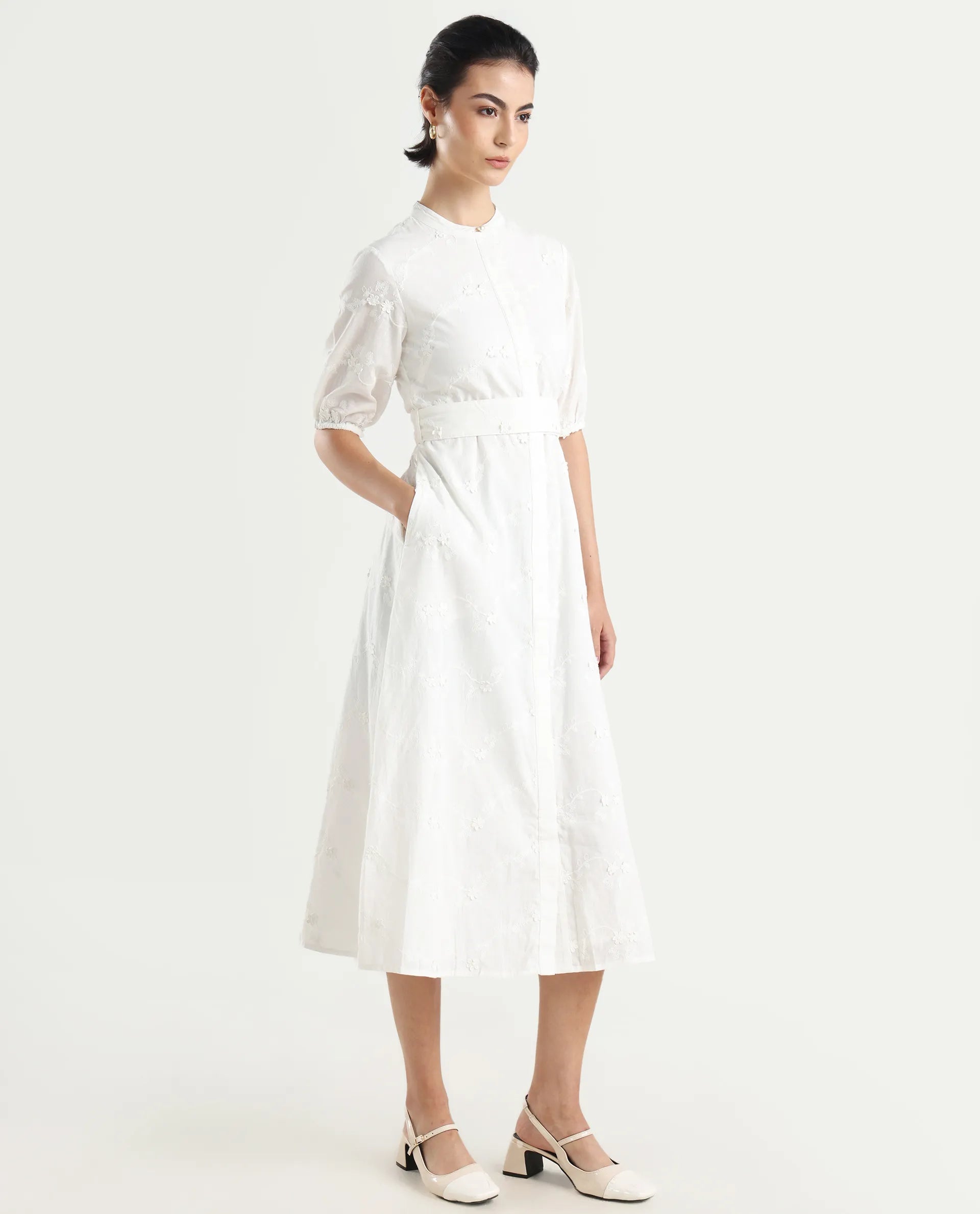 Rareism Women's Caledon White Round Neck Embroidered Puff Sleeves Midi A-Line Dress