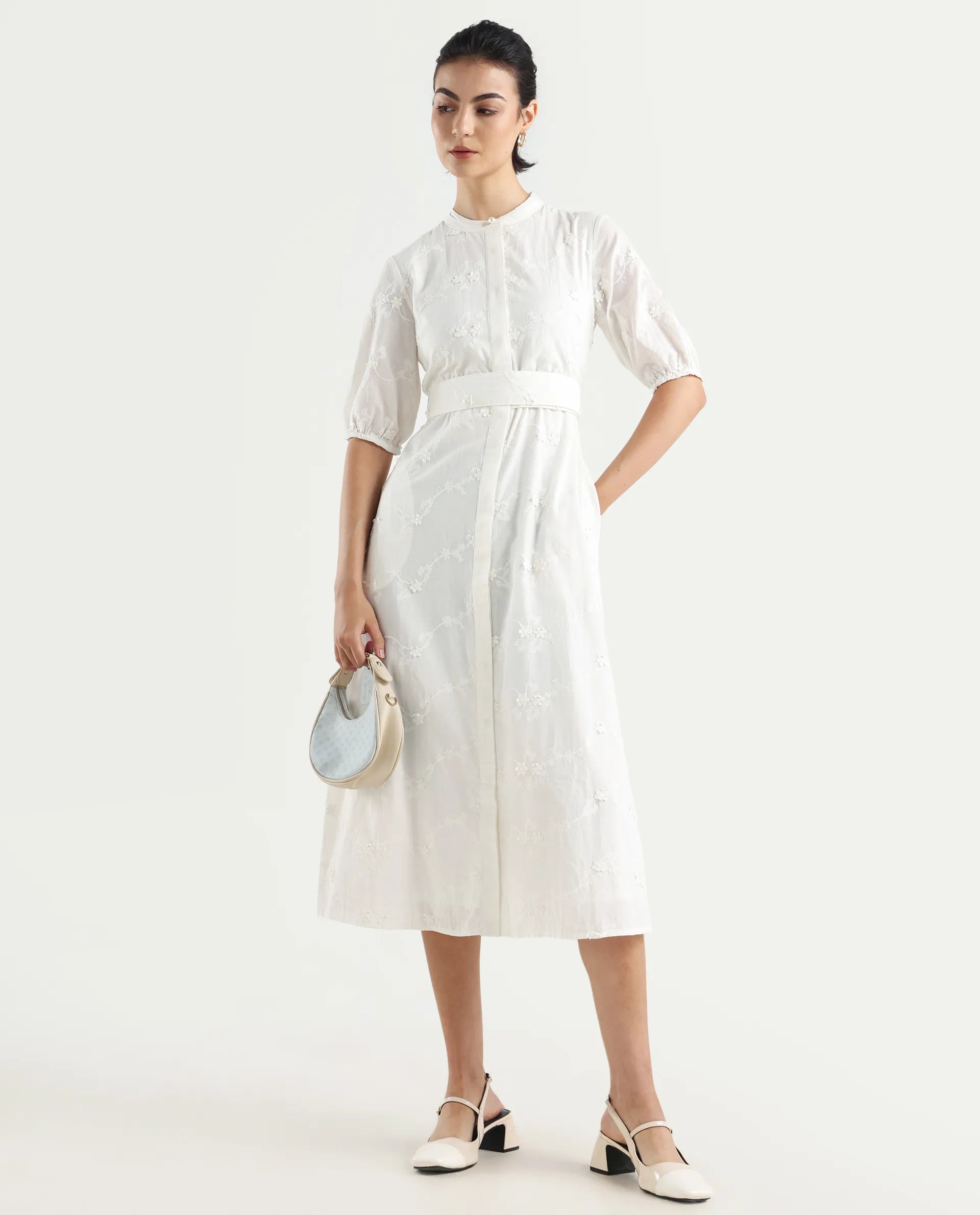 Rareism Women's Caledon White Round Neck Embroidered Puff Sleeves Midi A-Line Dress