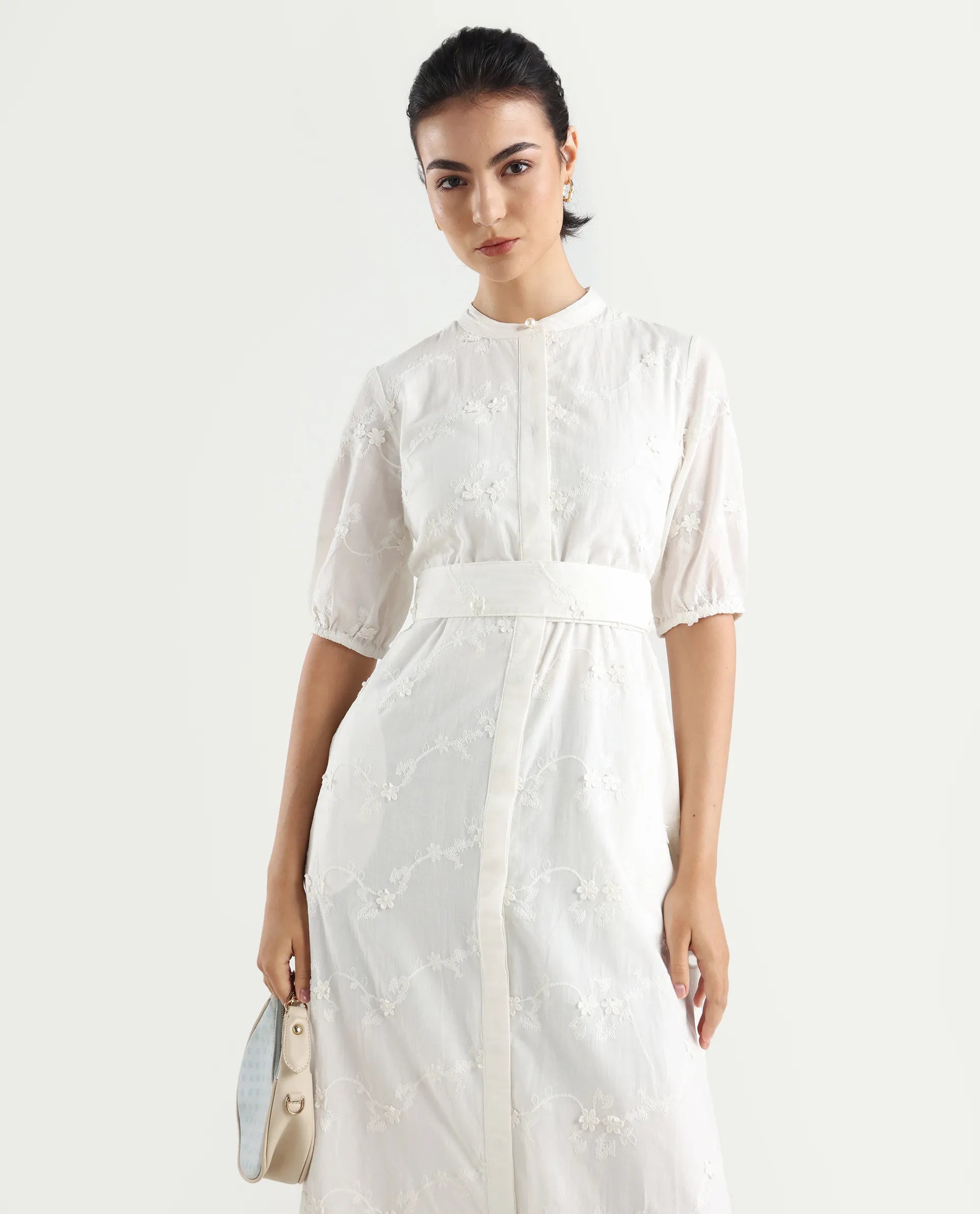 Rareism Women's Caledon White Round Neck Embroidered Puff Sleeves Midi A-Line Dress