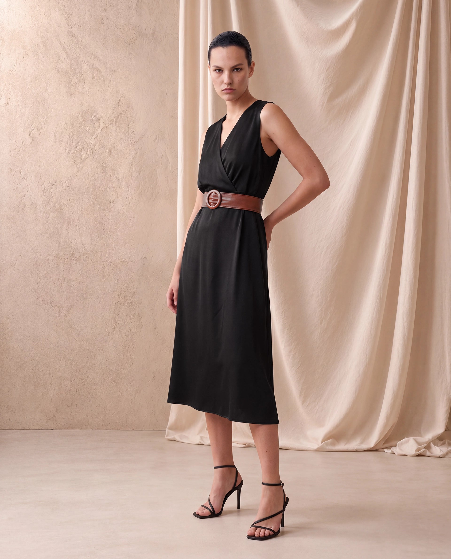 Rareism Women's Calen Black Cotton Satin Sleeveless A-Line Plain Dress