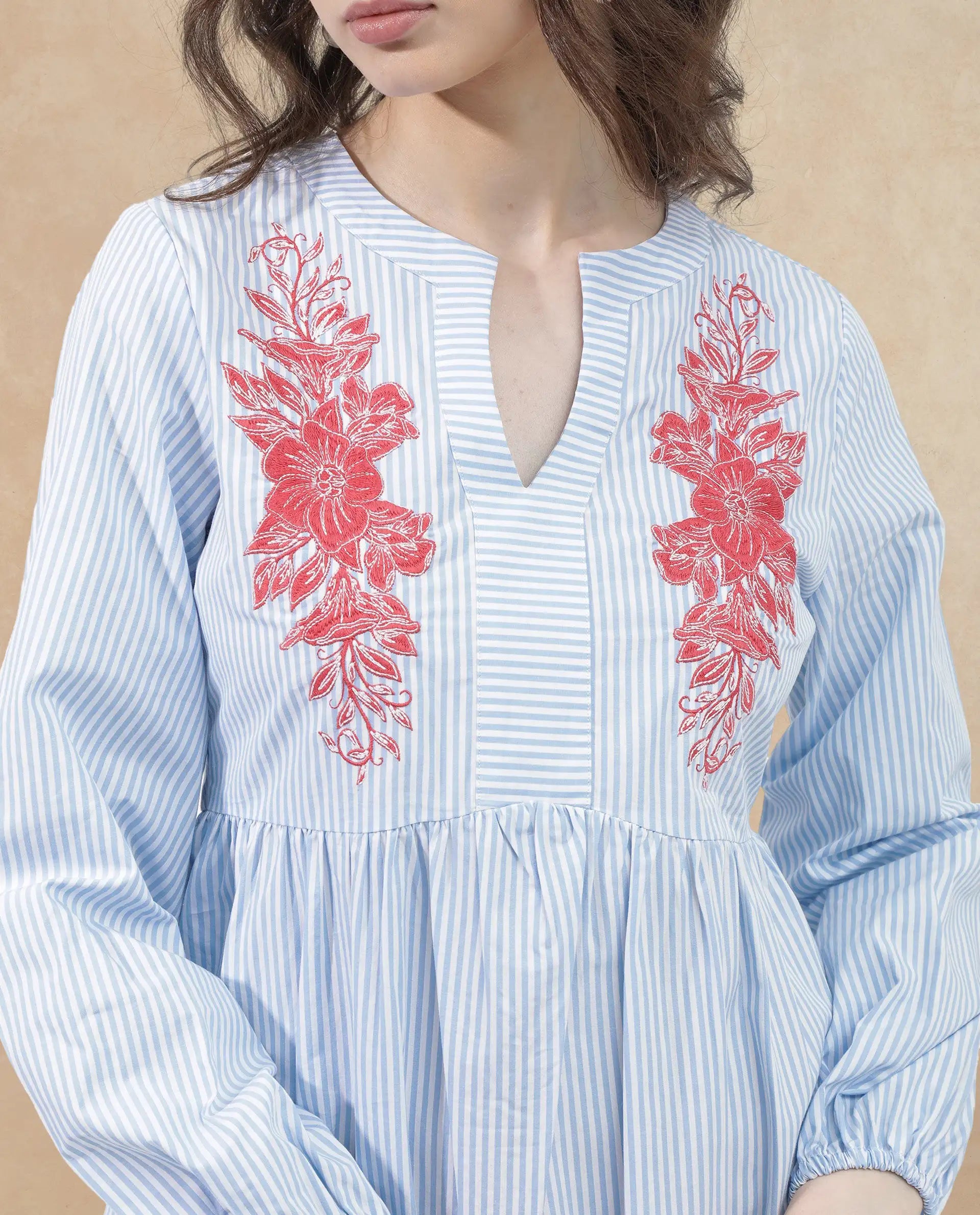 Rareism Women's Calia Blue Cotton Collarless Striped Bishop Sleeve Midi A-Line Dress