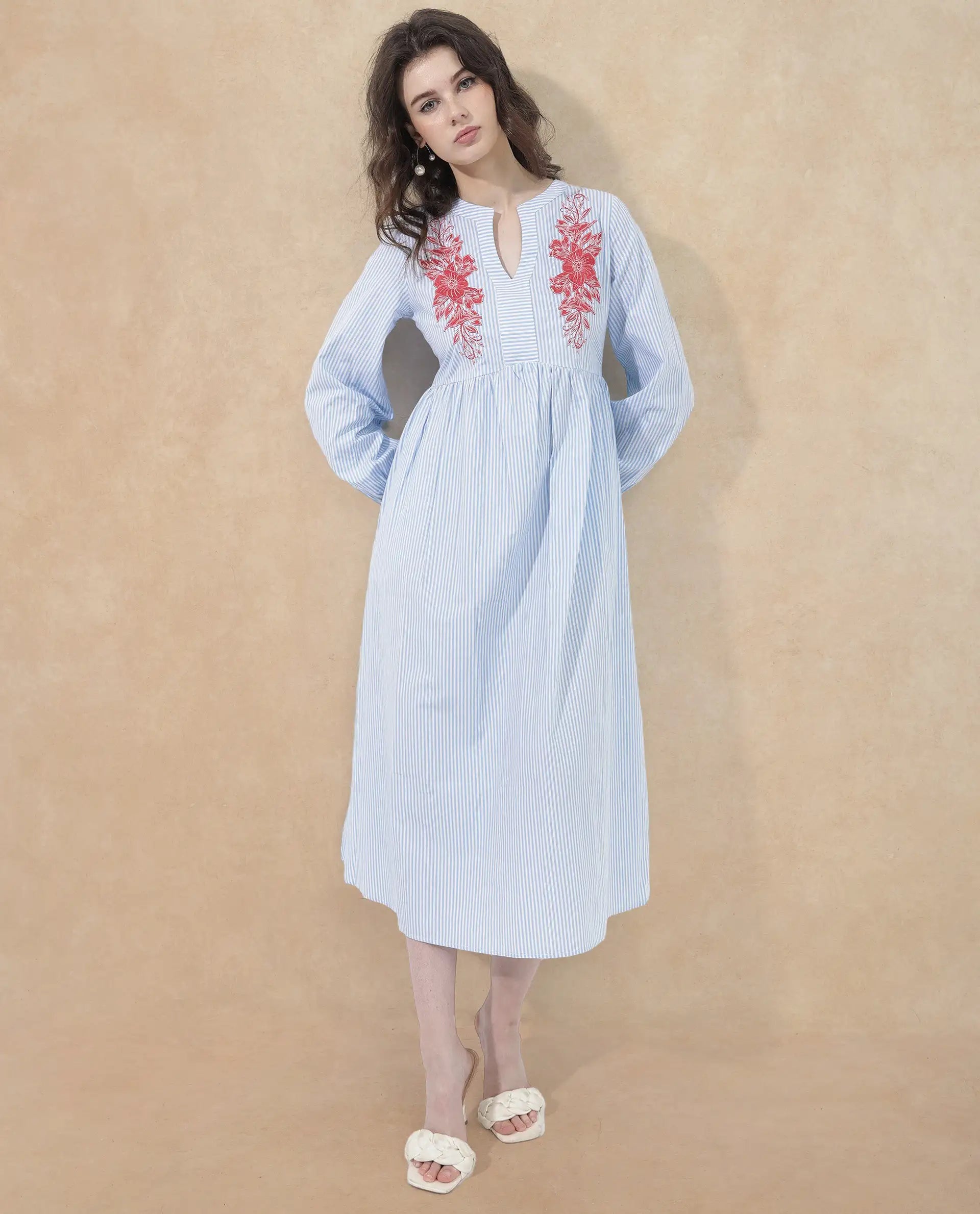 Rareism Women's Calia Blue Cotton Collarless Striped Bishop Sleeve Midi A-Line Dress