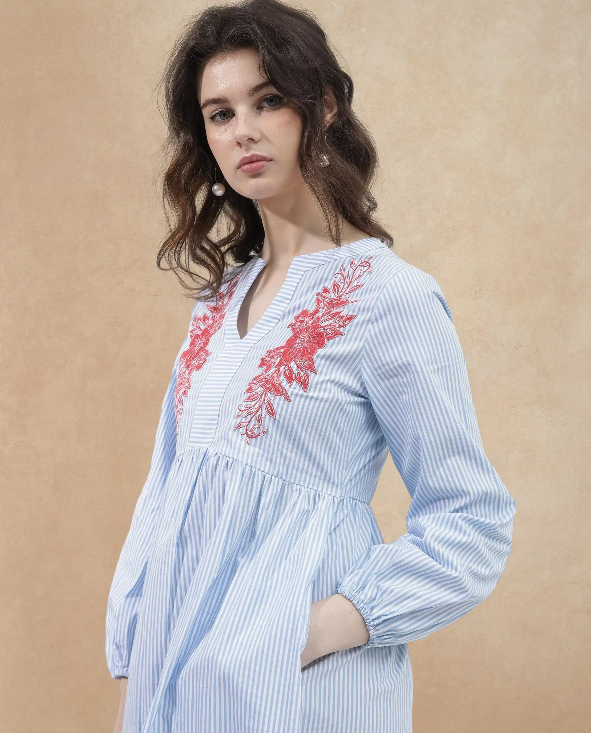 Rareism Women's Calia Blue Cotton Collarless Striped Bishop Sleeve Midi A-Line Dress