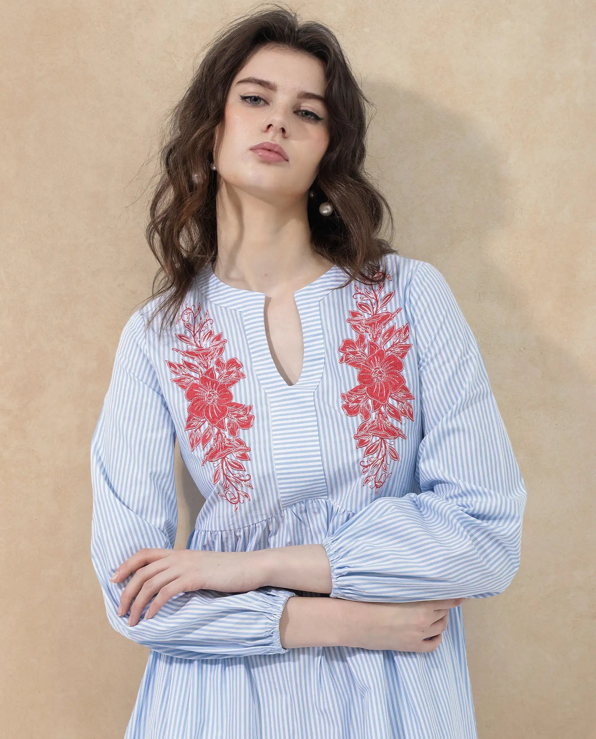 Rareism Women's Calia Blue Cotton Collarless Striped Bishop Sleeve Midi A-Line Dress