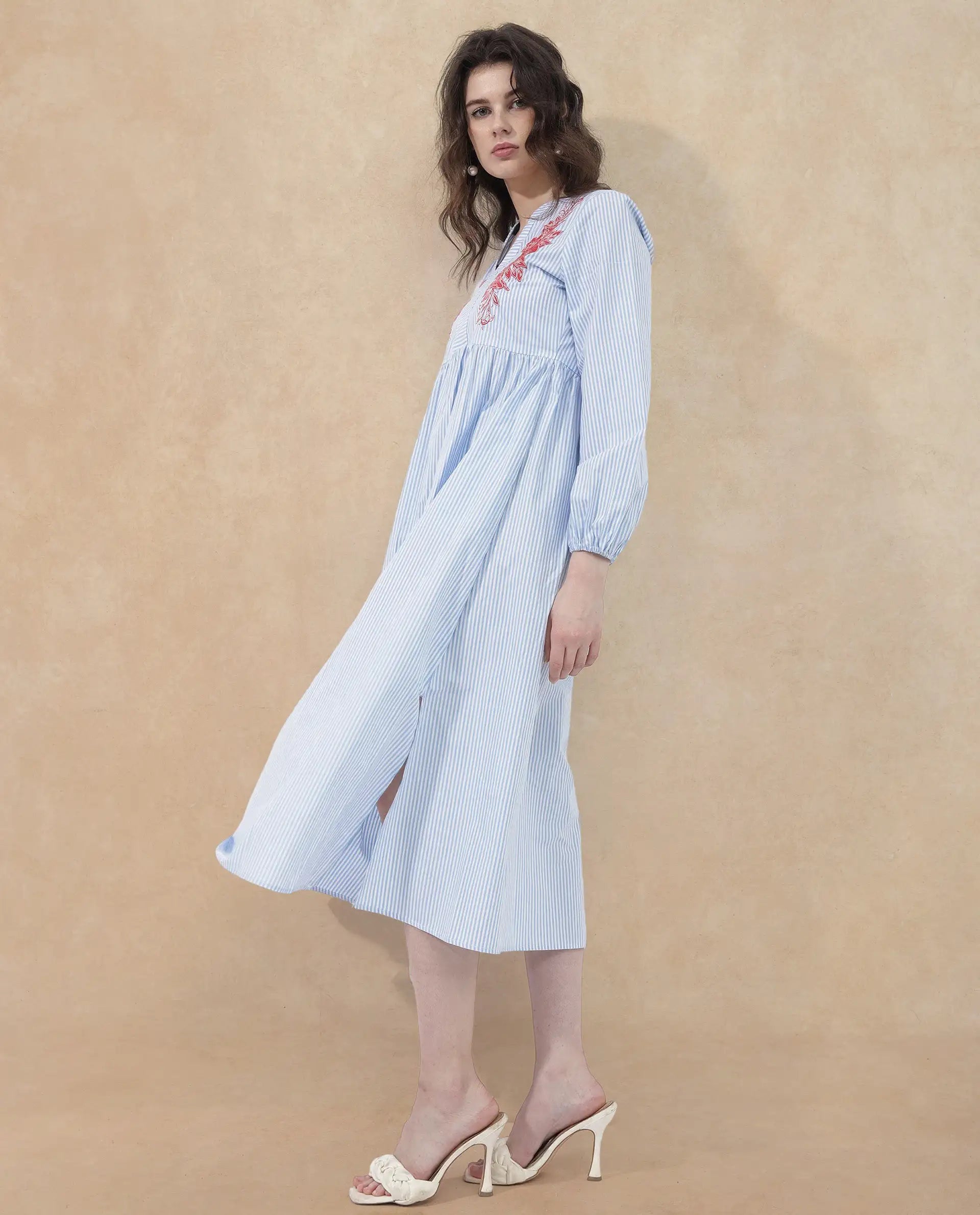 Rareism Women's Calia Blue Cotton Collarless Striped Bishop Sleeve Midi A-Line Dress