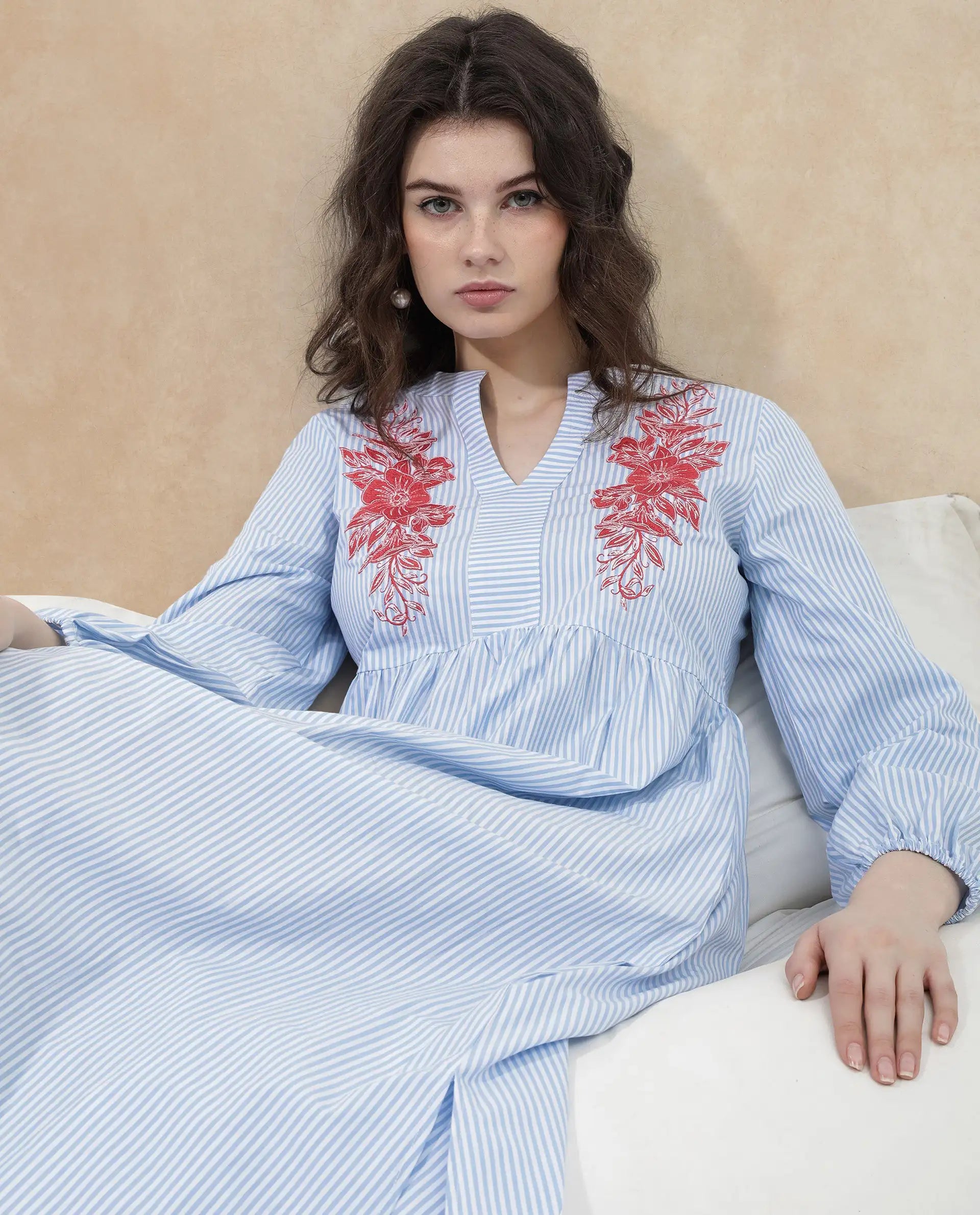 Rareism Women's Calia Blue Cotton Collarless Striped Bishop Sleeve Midi A-Line Dress