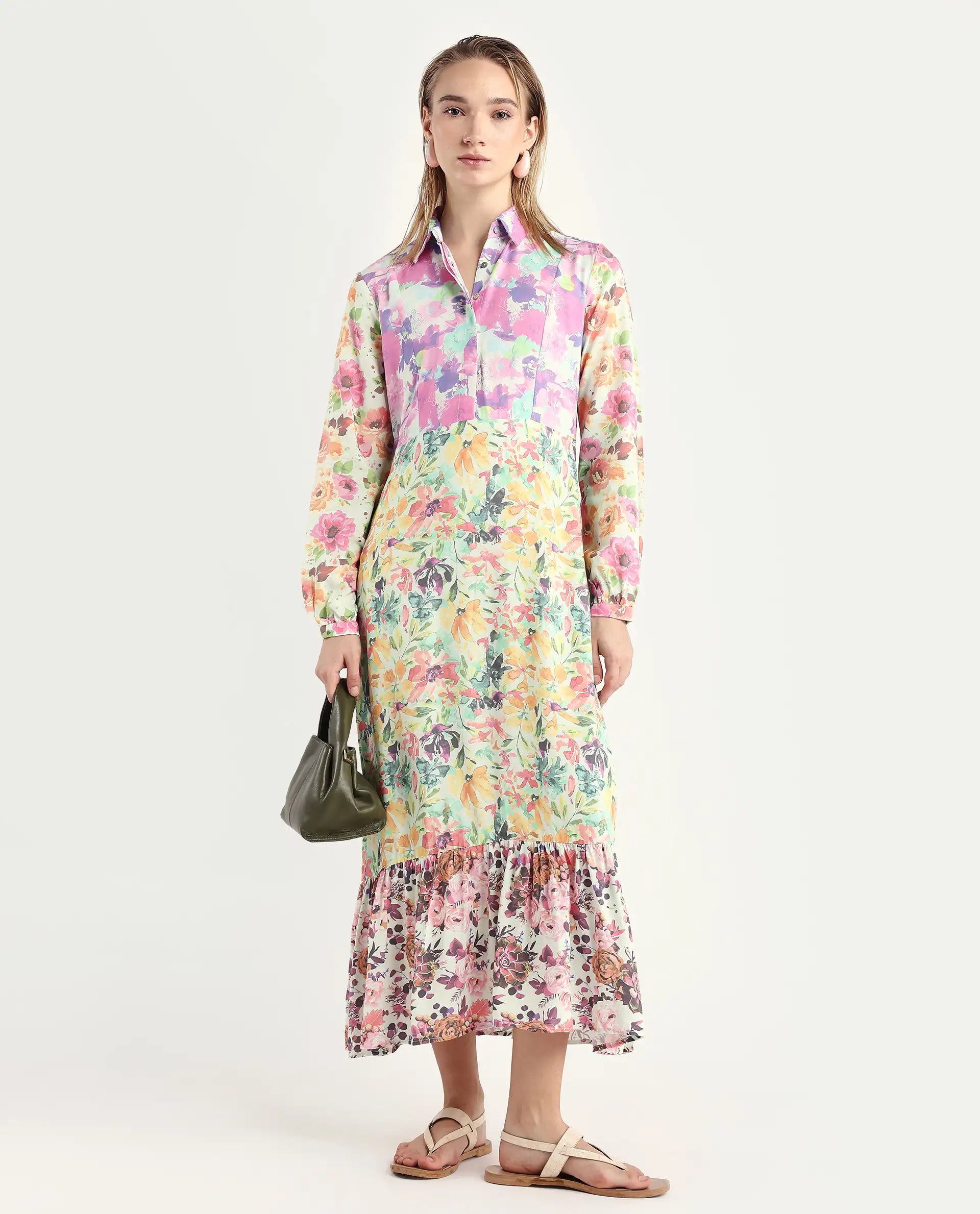 Rareism Women's Caliista Multi Viscose Spread Collar Floral Print Maxi Regular Fit Dress