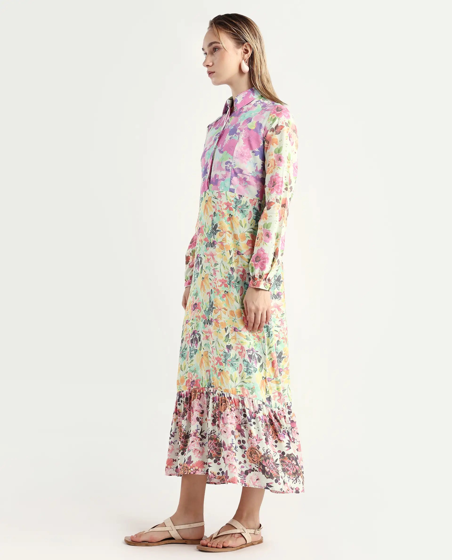 Rareism Women's Caliista Multi Viscose Spread Collar Floral Print Maxi Regular Fit Dress