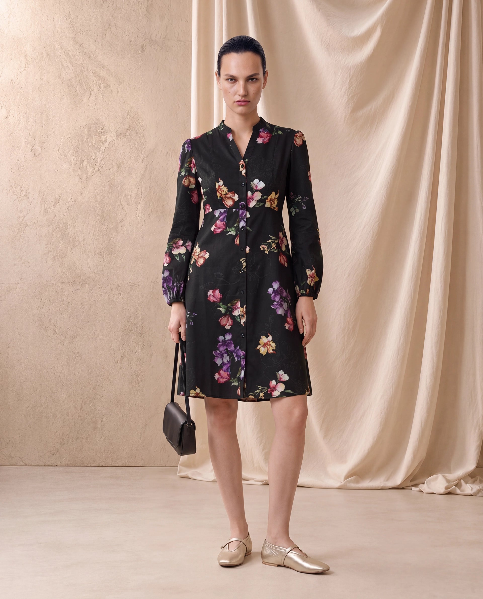 Rareism Women's Calin Black Cotton Satin Full Sleeve A-Line Floral Print Dress