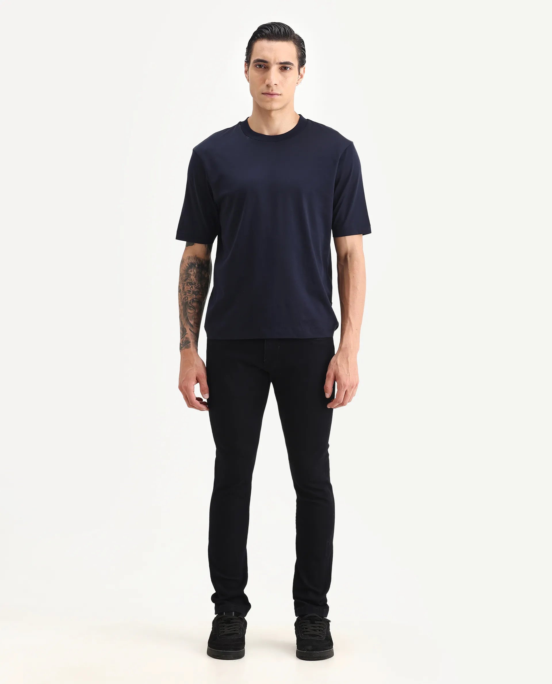 Rare Rabbit Men's Calin Dark Navy Cotton Blend Plain Hawk Slim Fit Jeans