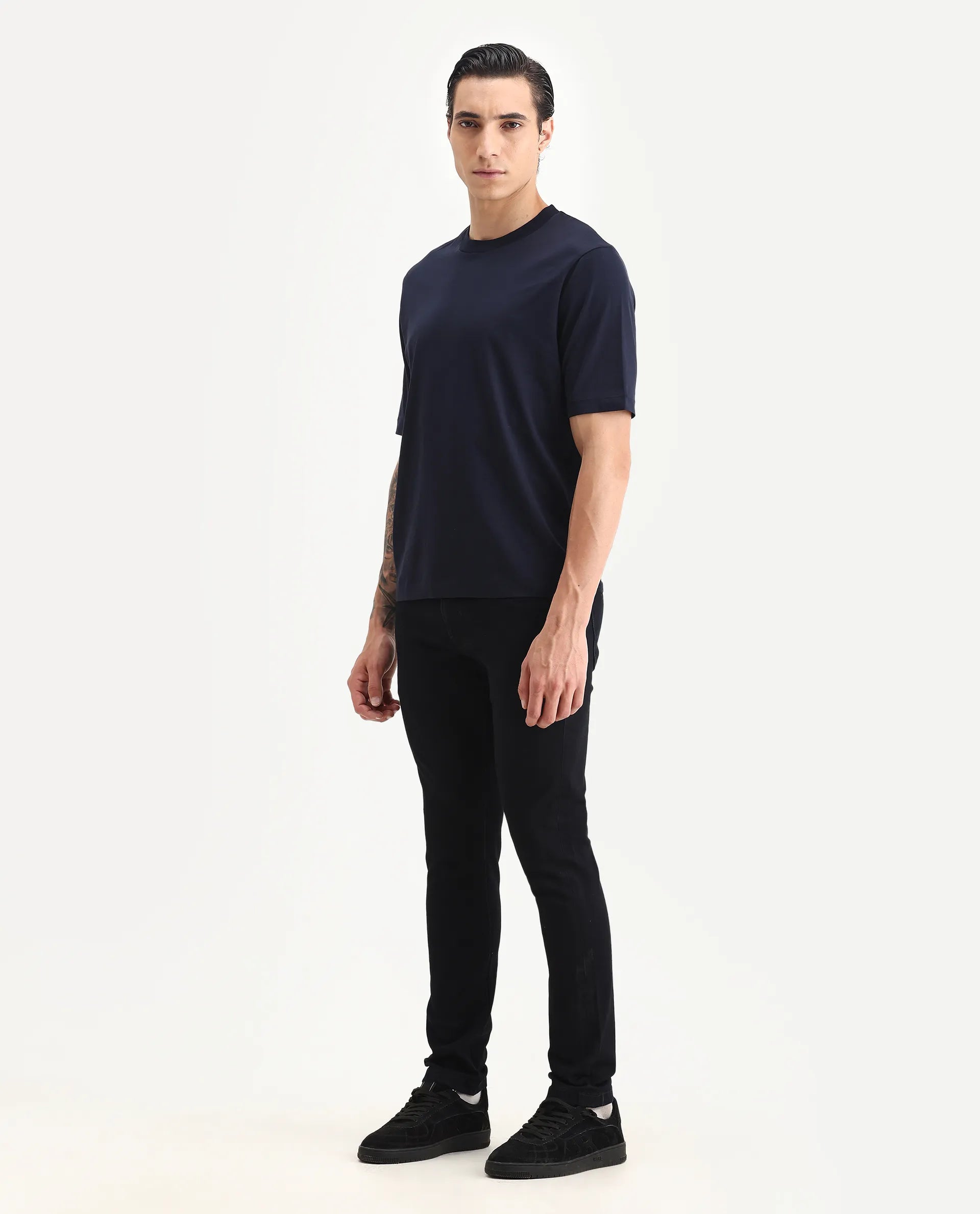 Rare Rabbit Men's Calin Dark Navy Cotton Blend Plain Hawk Slim Fit Jeans