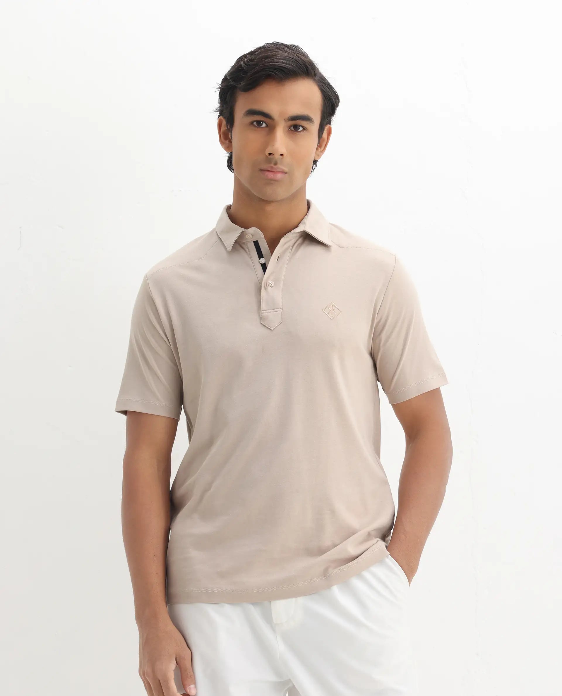 Rare Rabbit Men's Calix Beige Embroidered Regular Fit Half Sleeve Polo
