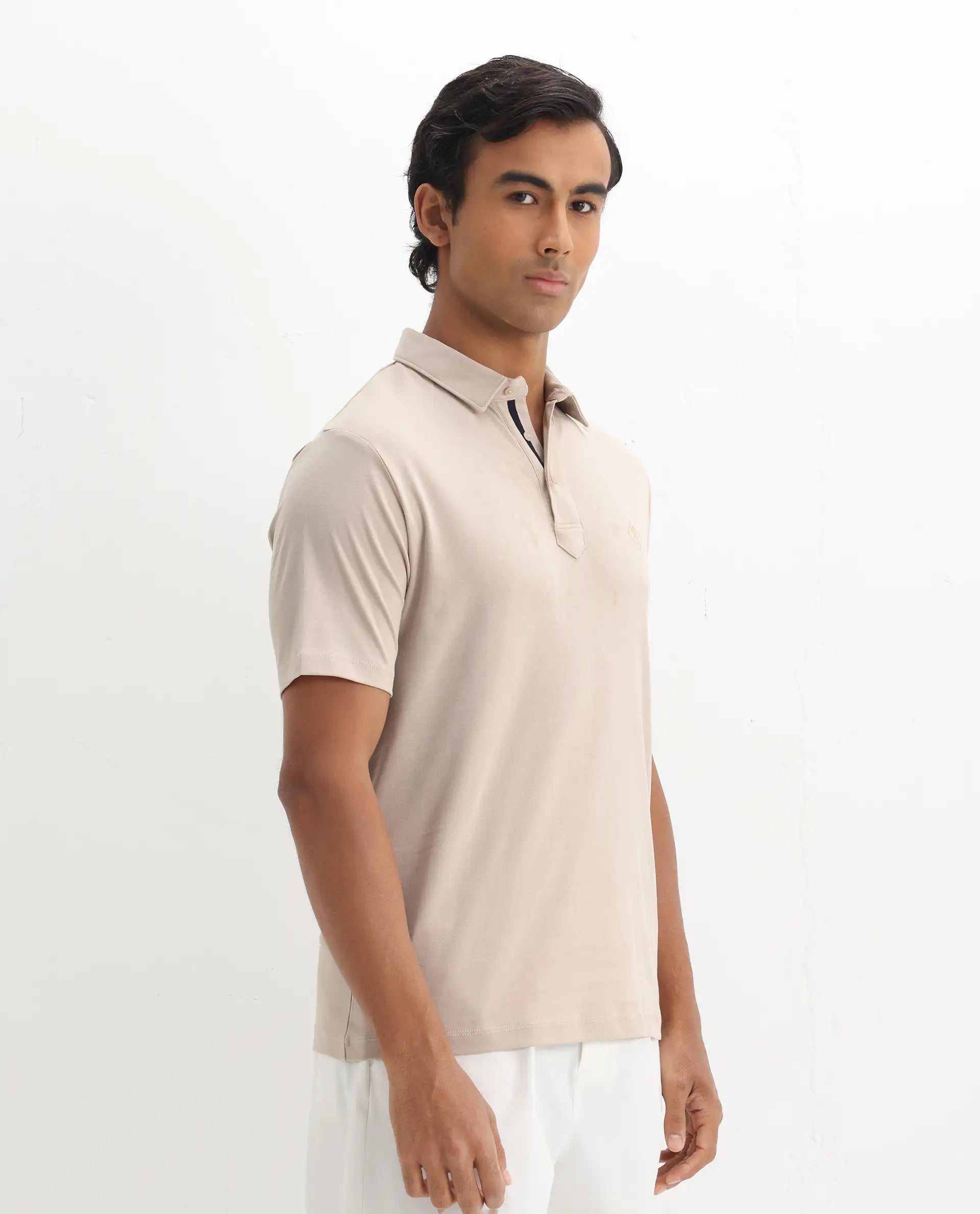 Rare Rabbit Men's Calix Beige Embroidered Regular Fit Half Sleeve Polo